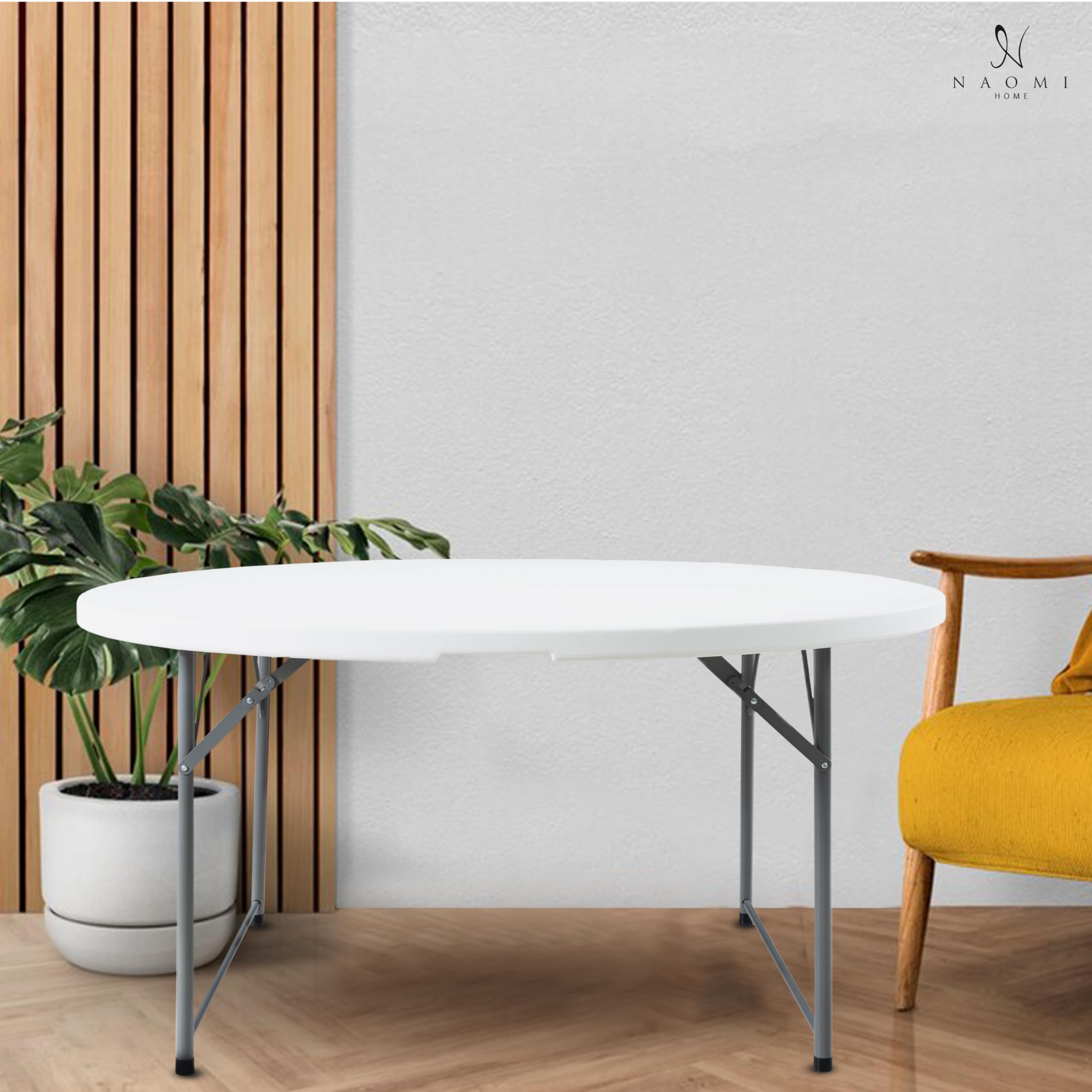 Naomi Home 60-Inch Round Folding Table - Lightweight Durable Bi-Fold Portable Plastic Table with Carrying Handle, White Resin Surface & Sturdy Steel Frame for Indoor Outdoor Use - Perfect for Parties, Picnics, Camping, and Home Events