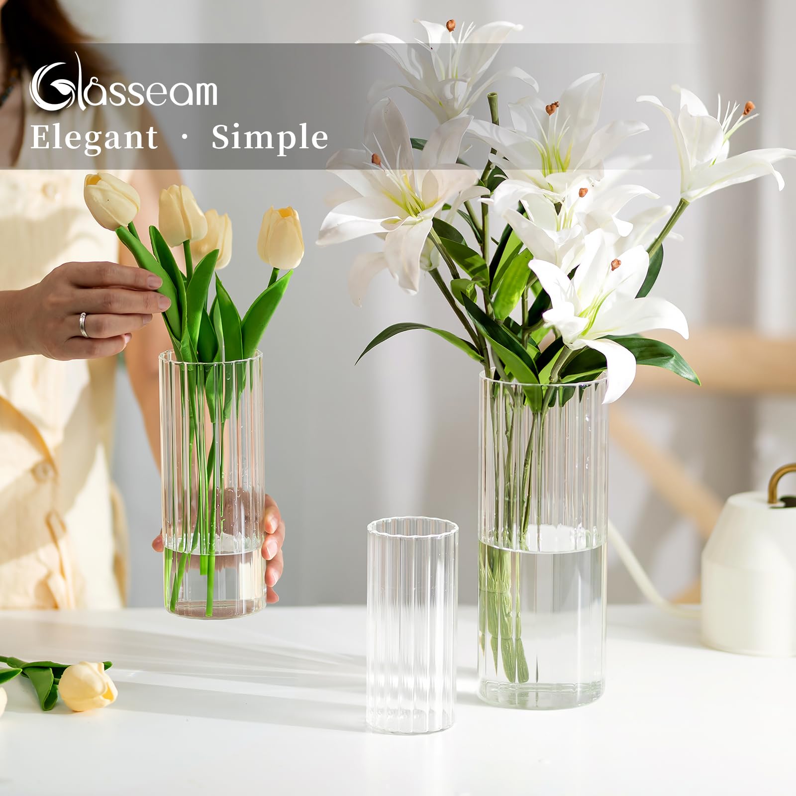 Glasseam 18-Piece Clear Ribbed Glass Cylinder Candle Holders Set - Hurricane Pillar & Floating Candle Vases for Dining Table Centerpieces, Flute Flower Vases for Wedding, Party Decor & Home Decoration