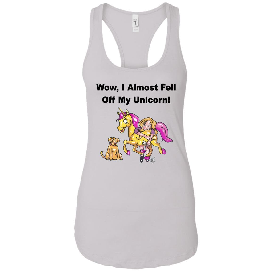 Wow I Almost Fell Off My Unicorn Racerback Tank Top - Funny Sarcastic Women's Graphic Tee - Soft Comfortable Workout & Lounge Wear - Perfect for Gym, Yoga & Casual Outfits
