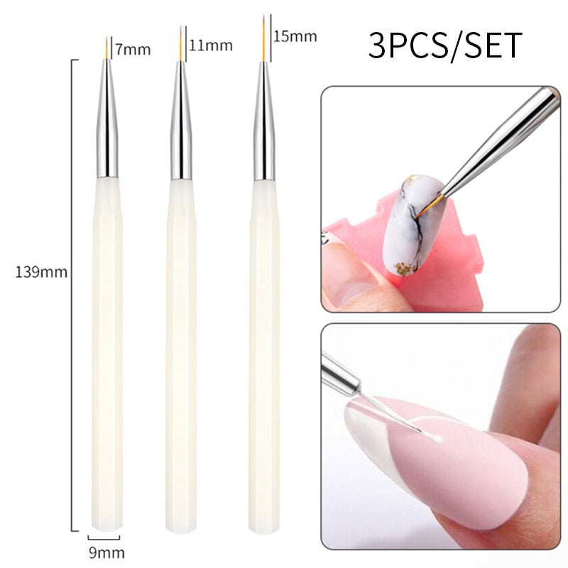3Pcs French Stripe Nail Art Liner Brush Set - Professional 3D Tips Line Stripes DIY Drawing Pen for UV Gel, Acrylic & Nail Polish - Perfect for Salon, Home Manicure & Nail Art Designs