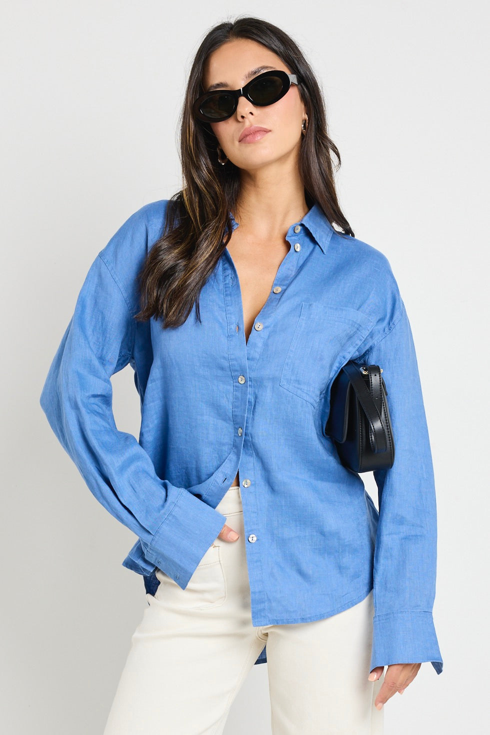 Optimum True Blue Linen Oversized Shirt for Women - Soft & Breathable Button Down Blouse - Perfect for Summer, Beach & Casual Outfits