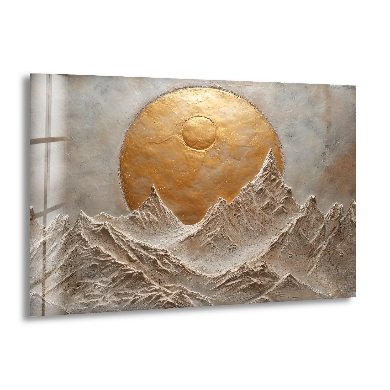 Abstract Mountain Golden Glass Wall Art - Modern Home Decor for Living Room, Bedroom & Office - Elegant Handmade Glass Painting for Gifts & Interior Design