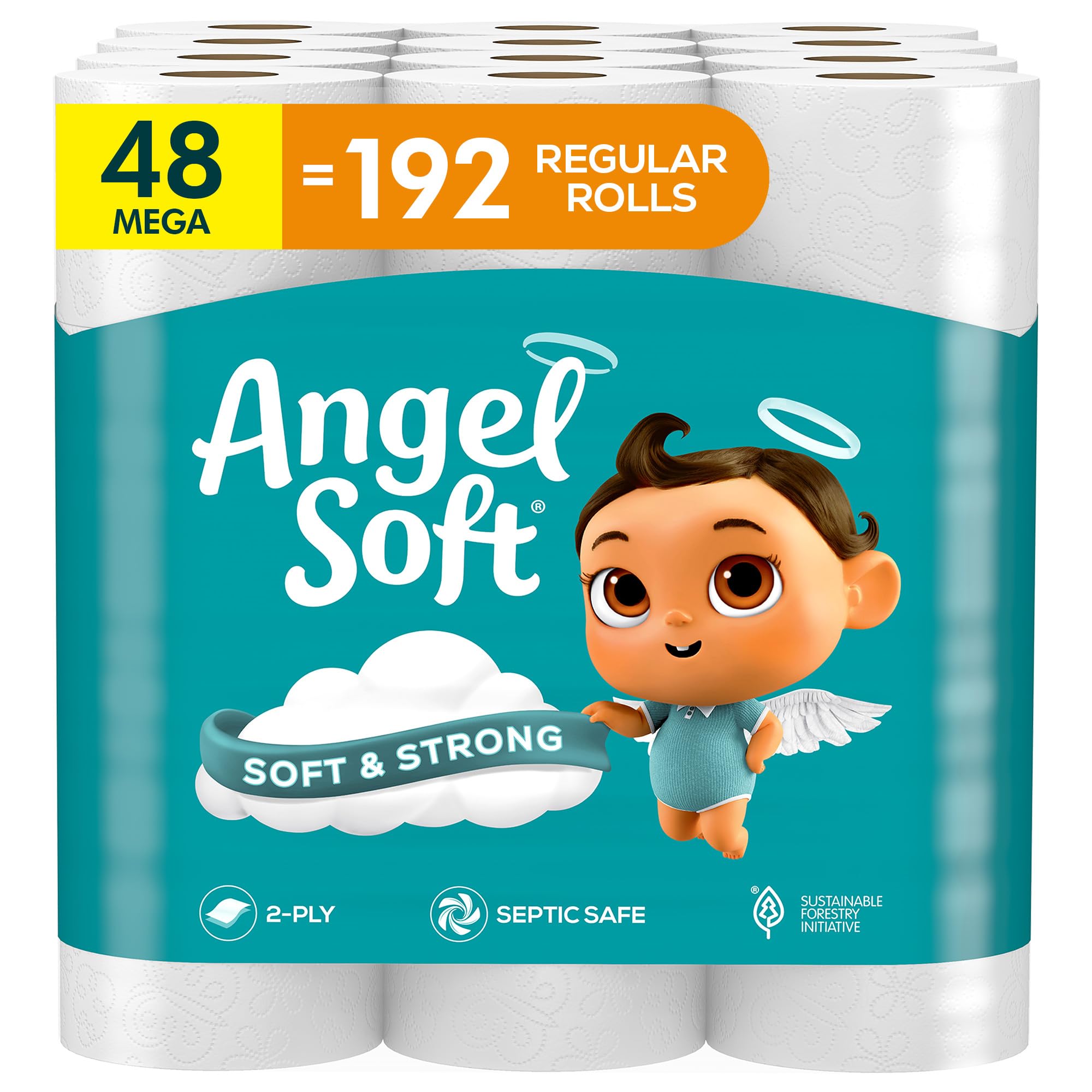 Angel Soft Toilet Paper 48 Mega Rolls (192 Regular Rolls) | Ultra Soft & Strong Bath Tissue for Everyday Comfort | Perfect for Homes, Offices & RVs