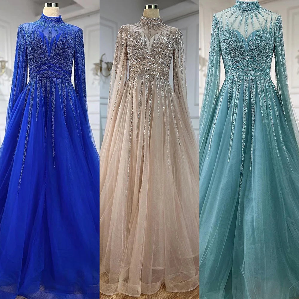 Elegant Arabic Turquoise Beaded A-Line Evening Gown with Cape Sleeves - Dubai Inspired Women's Wedding Party Dress LA72199 | Perfect for Formal Events, Red Carpet & Special Occasions