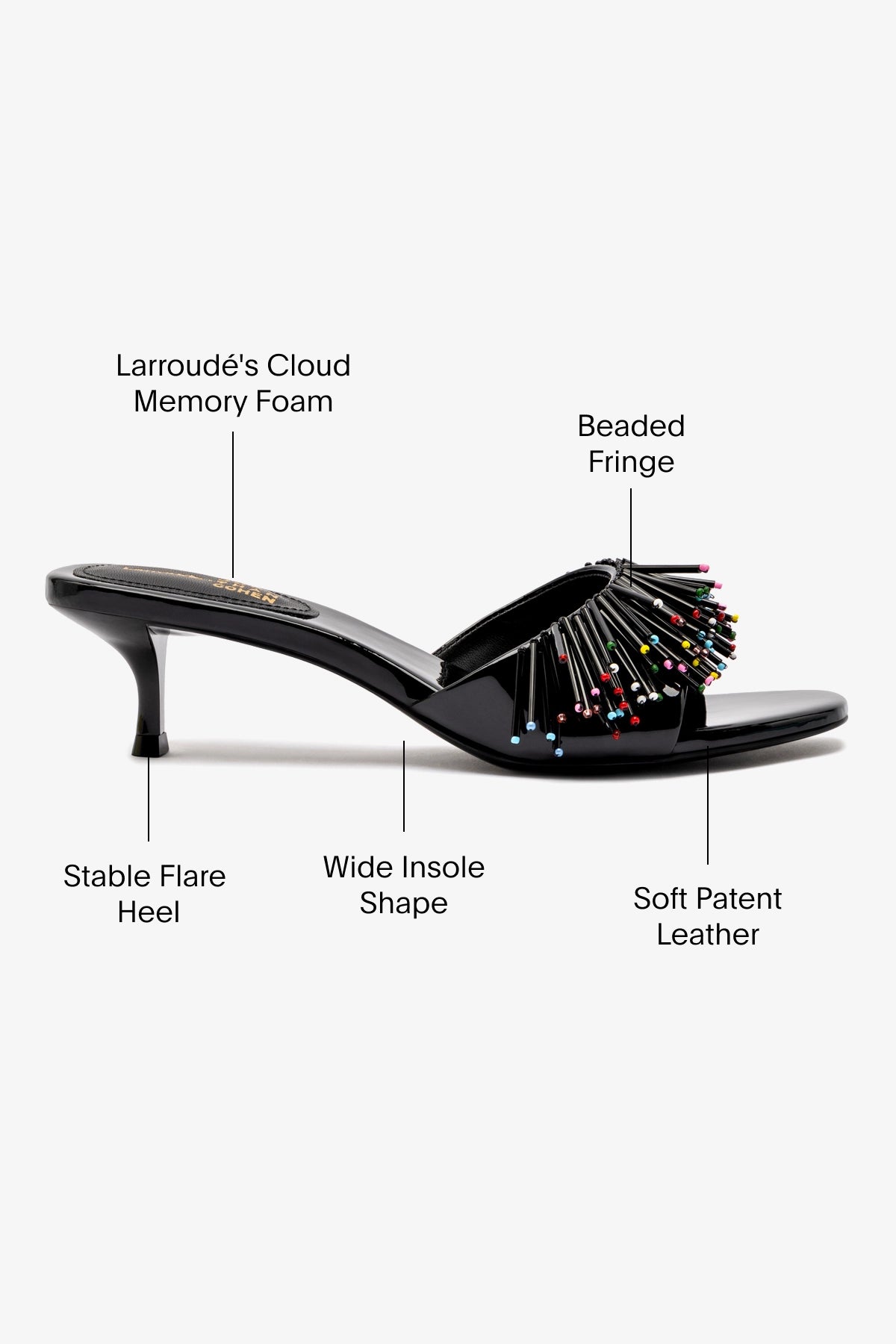 Larroudé x Jonathan Cohen Black Patent Leather Fringe Greta Mule - Stylish Women's Shoes for Parties & Evening Events