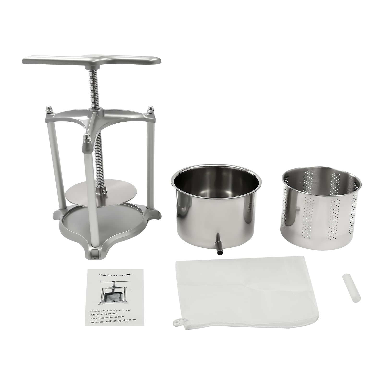 Stainless Steel 4L/1.06 Gallon Manual Fruit Wine Press & Cider Press with Dual Barrels - Juice Maker for Apples, Grapes, Berries - Perfect for Homemade Wine, Cider, Honey & Olive Oil Making at Home