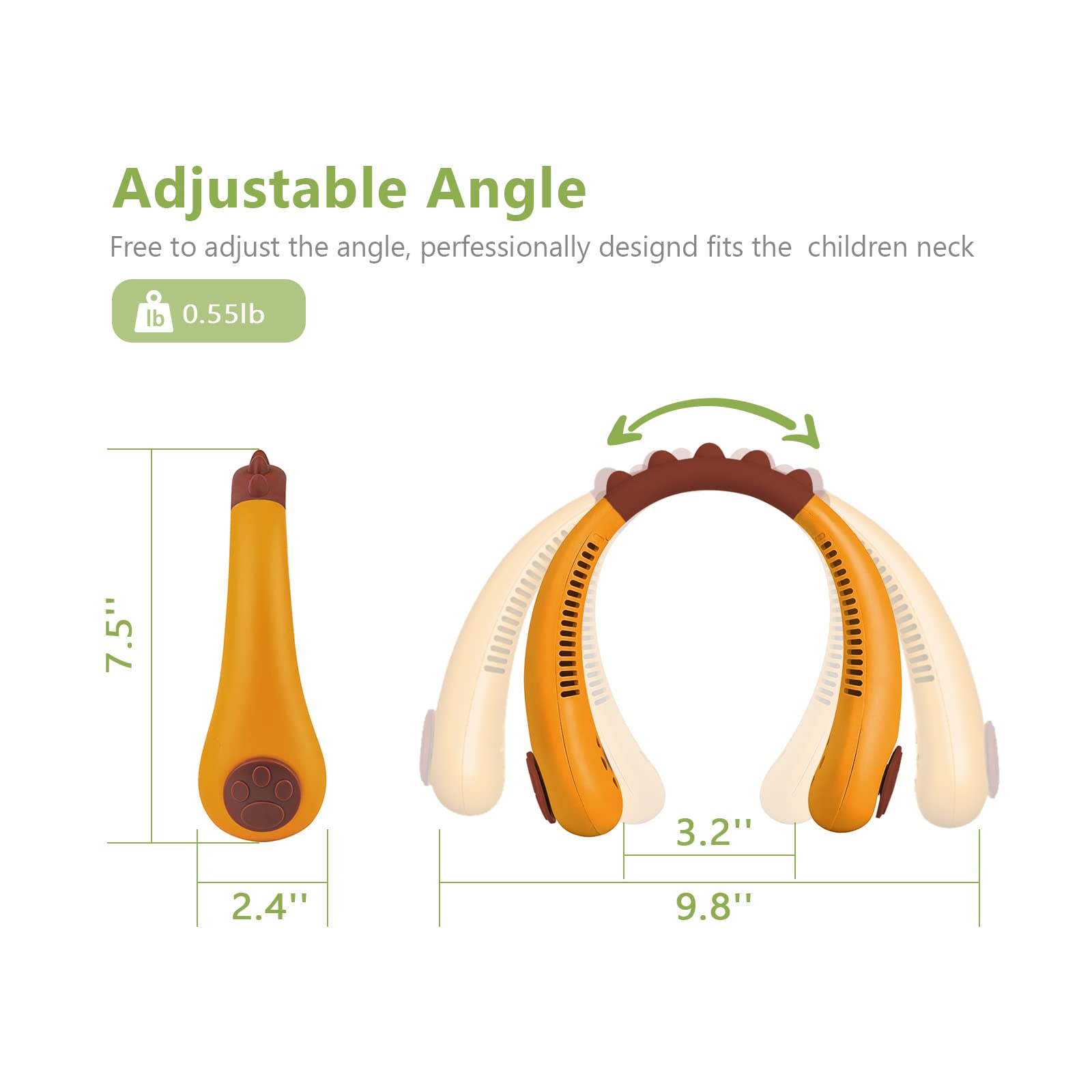 Rechargeable Portable Neck Fan for Kids - Wearable Bladeless Personal Cooling Fan with 3 Speed Settings, USB Powered - Perfect for Outdoor Activities, Travel, Sports & Summer Heat Relief