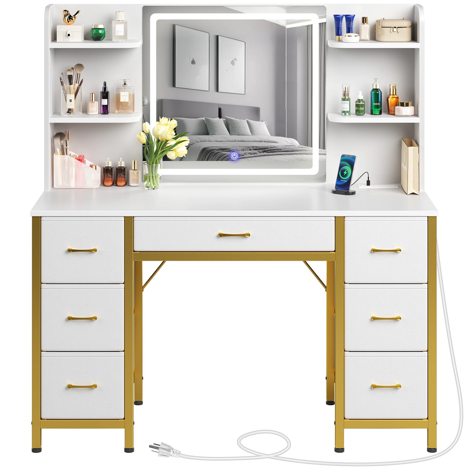 Rolanstar White and Gold Vanity Desk with LED Lighted Mirror & Power Outlet - 7 Fabric Drawers & 6 Storage Shelves Makeup Dressing Table - 3 Lighting Modes for Bedroom, Girls & Women - Perfect for Home Makeup Studio, Bridal Dressing Room & Beauty Salon