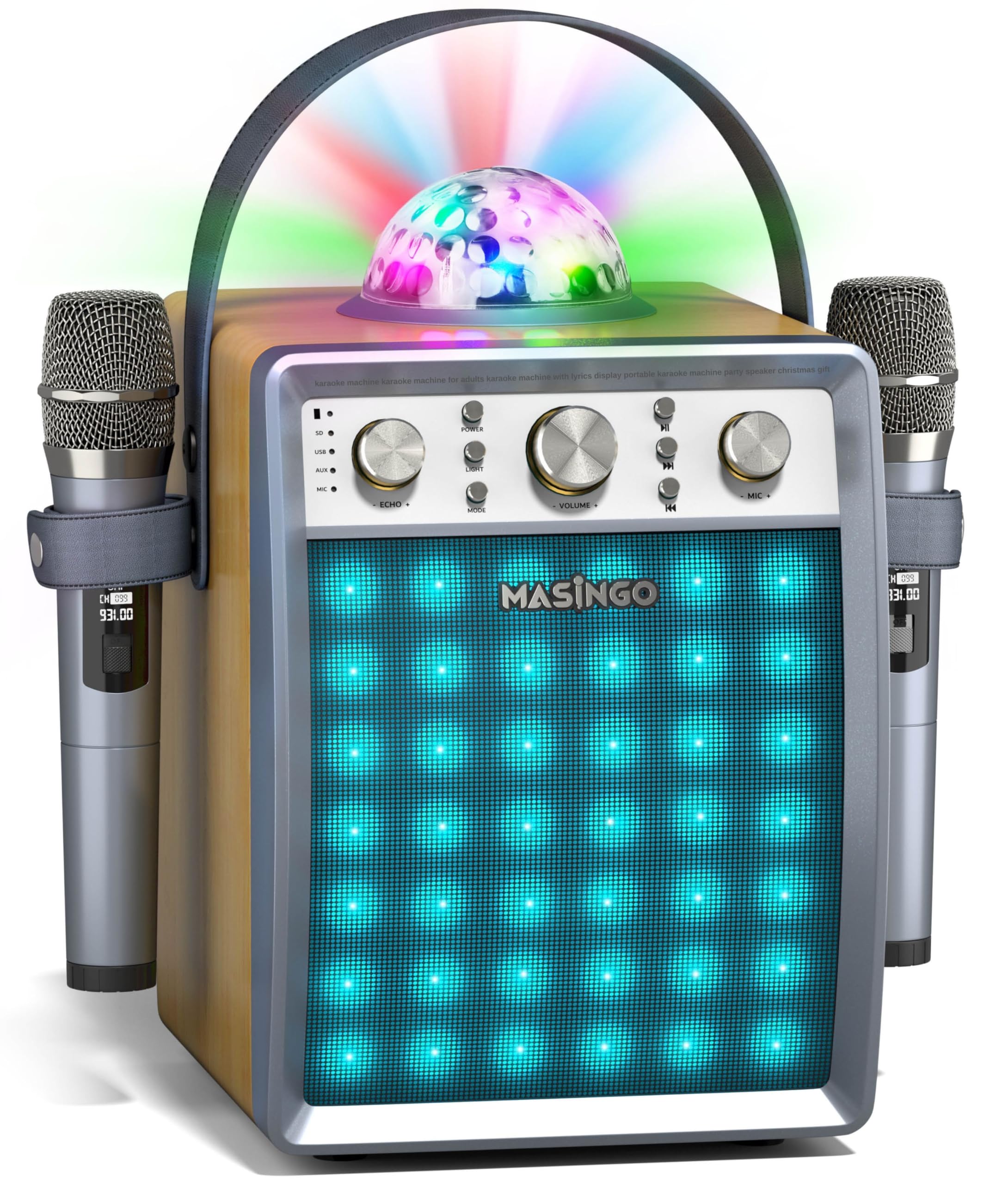 MASINGO M7 Portable Karaoke Machine with 2 Wireless Microphones - Bluetooth PA Speaker System with Disco Ball Party Lights & TV Cable for Adults & Kids - Perfect for Home Parties, Birthday Celebrations & Family Gatherings