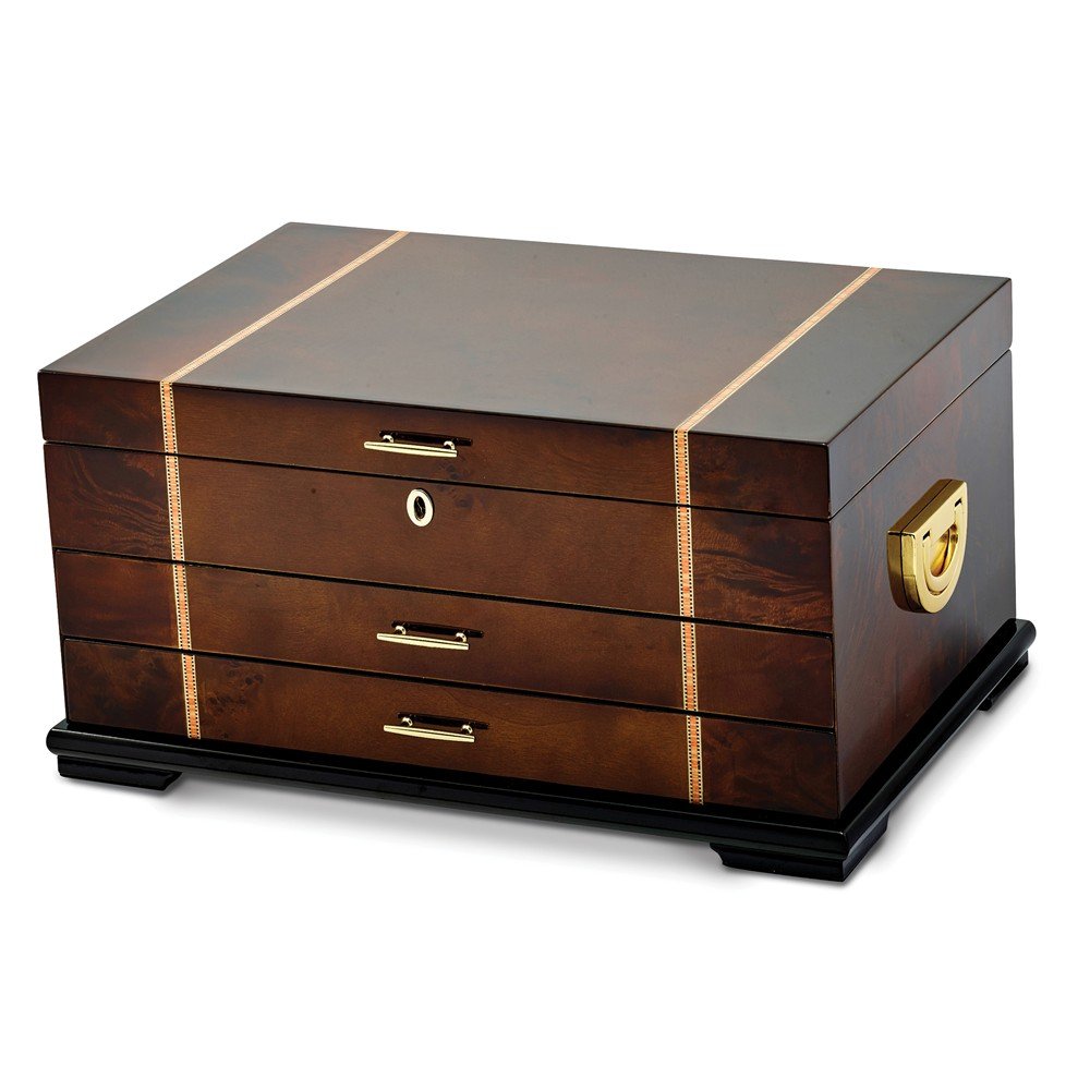 High Gloss Rustic Burlwood Jewelry Box with Walnut Inlay - 2 Drawer Storage Chest for Rings, Necklaces & Earrings | Perfect for Bedroom Dresser, Vanity Organizer & Gift
