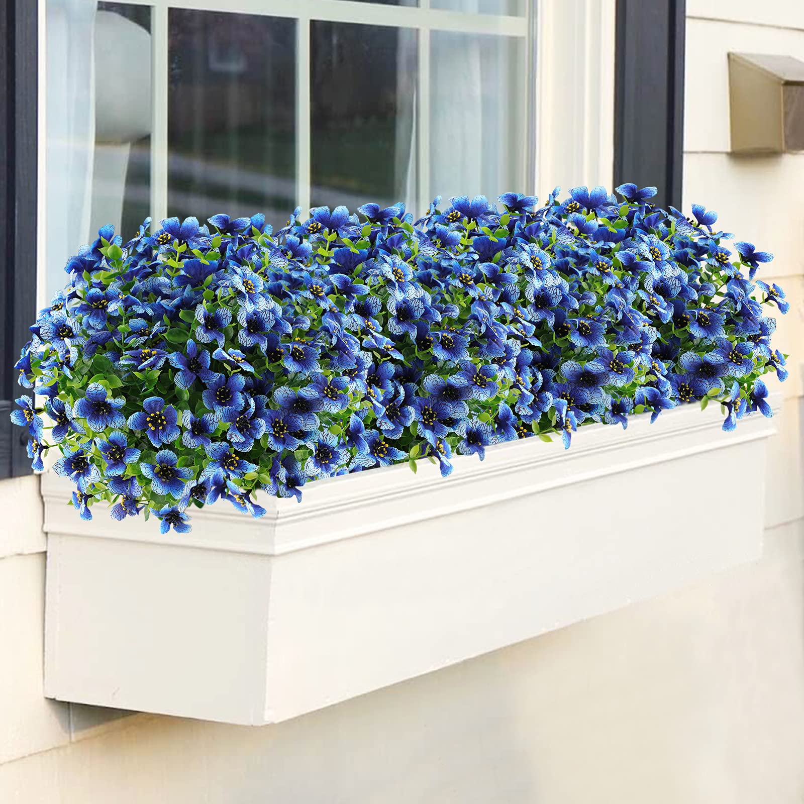 GREENRAIN 18 Bundles UV Resistant Artificial Flowers - Outdoor Fake Plants for Garden, Window Box & Porch Decor - Faux Plastic Flowers in Blue - Perfect for Home, Wedding & Party Decoration