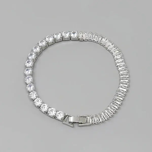 Emerald Cut & Round CZ Stone Sterling Silver Pave Statement Bracelet for Women - Elegant Cubic Zirconia Jewelry Gift for Wedding, Party & Special Occasions