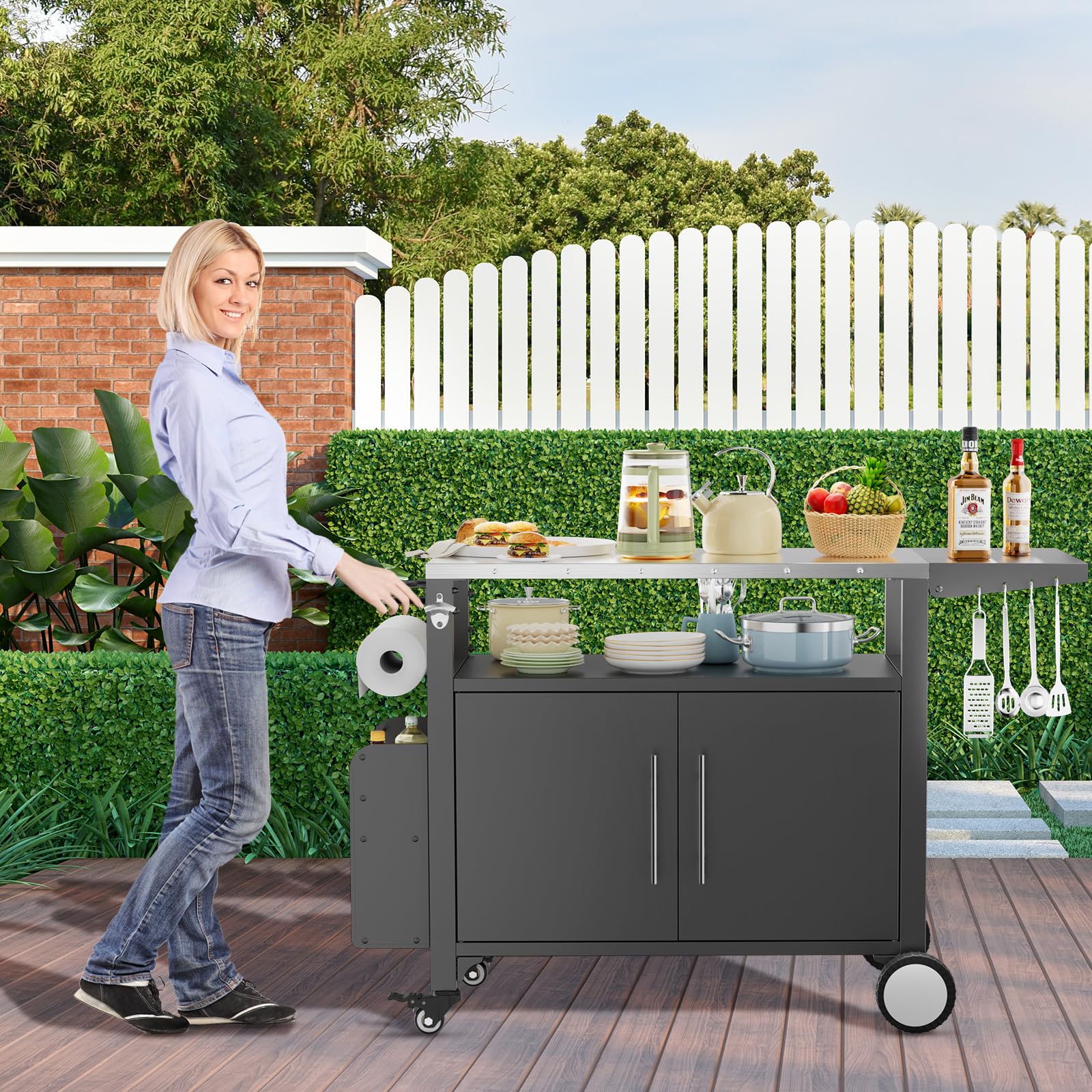 **Portable Outdoor Grill Cart with Storage - Waterproof BBQ Serving Table with Hooks & Spice Rack - Ideal for Backyard Parties, Home Gatherings & Patio Cooking**