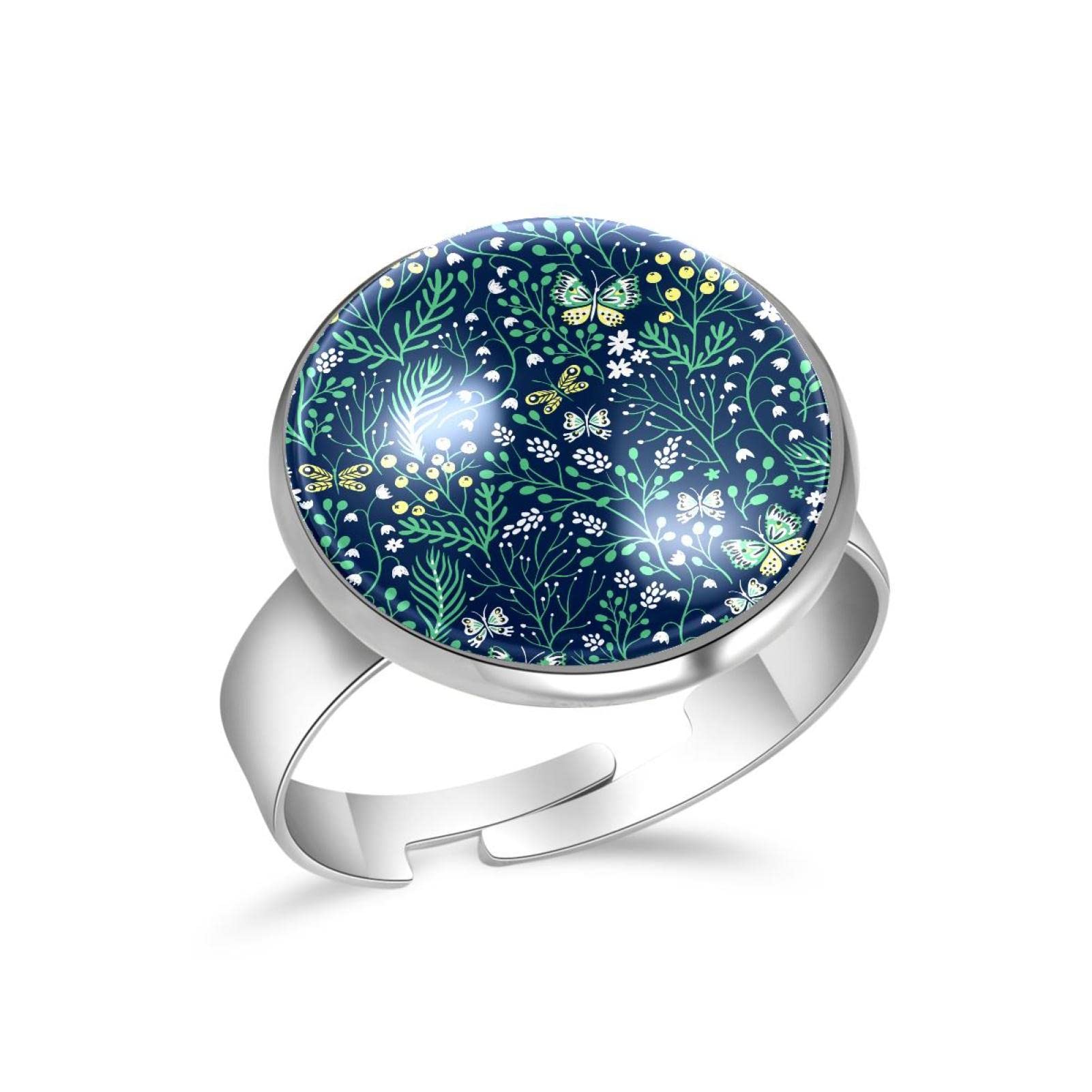 Adjustable Finger Rings for Women & Men - Green Floral Pattern Botanical Jewelry for Everyday Wear, Gifts & Fashion Accessories