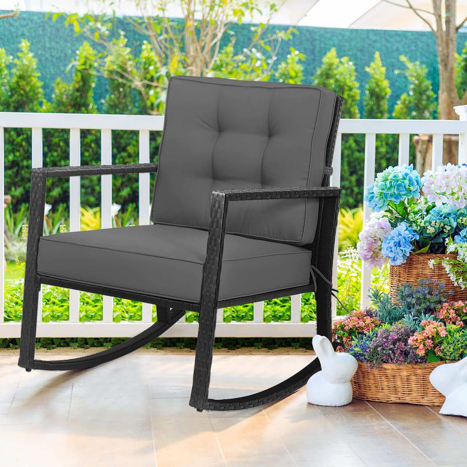 Hysache Patio Rocking Chair - Rattan Wicker Rocking Armchair with Thick Cushion & Durable Steel Frame, Outdoor Wicker Furniture for Garden, Porch, Backyard, Poolside - Comfortable Seating for Relaxing Outdoors (Gray)