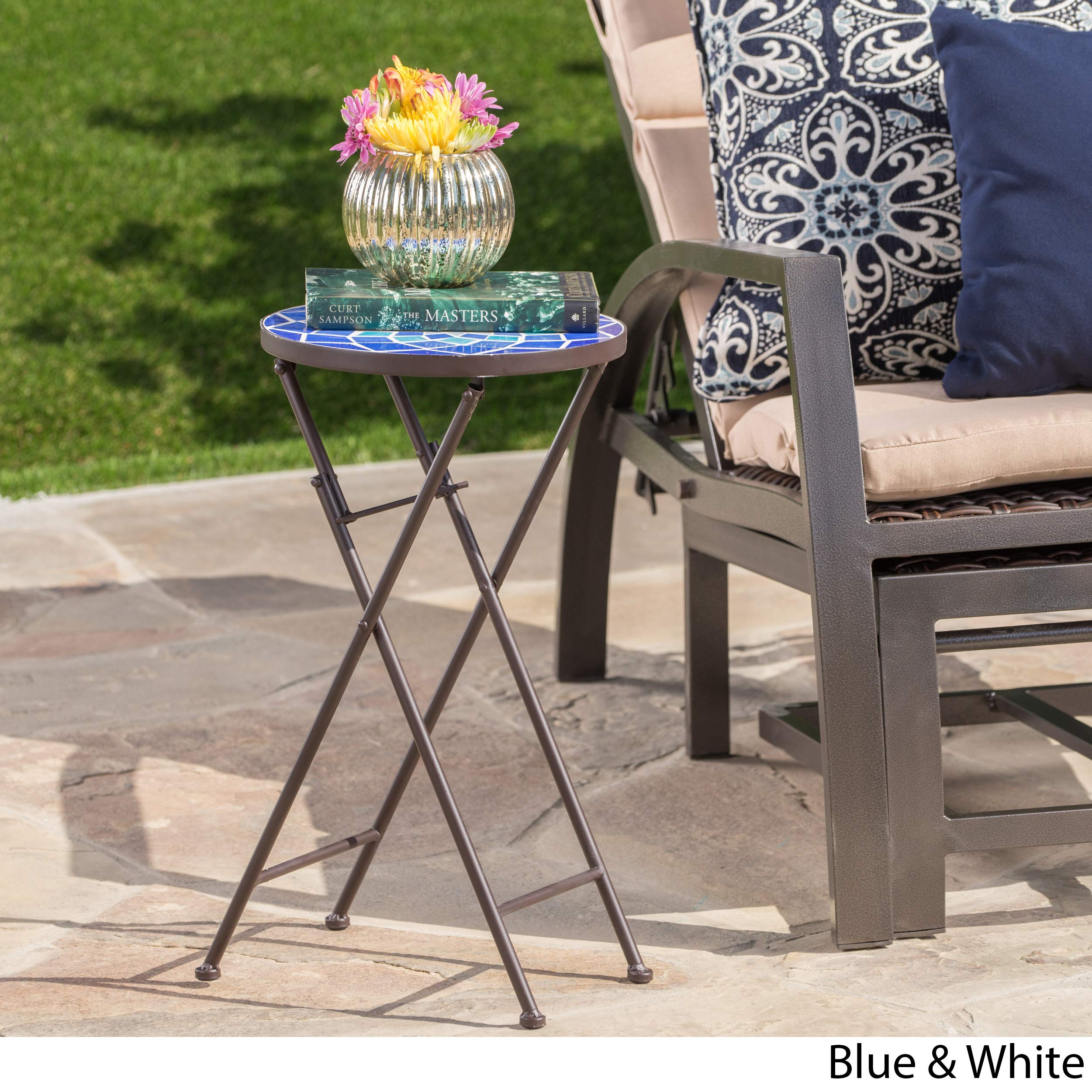 Christopher Knight Home Azure Outdoor Glass Side Table with Iron Frame - Blue & White - Perfect for Patio, Poolside, or Garden Decor