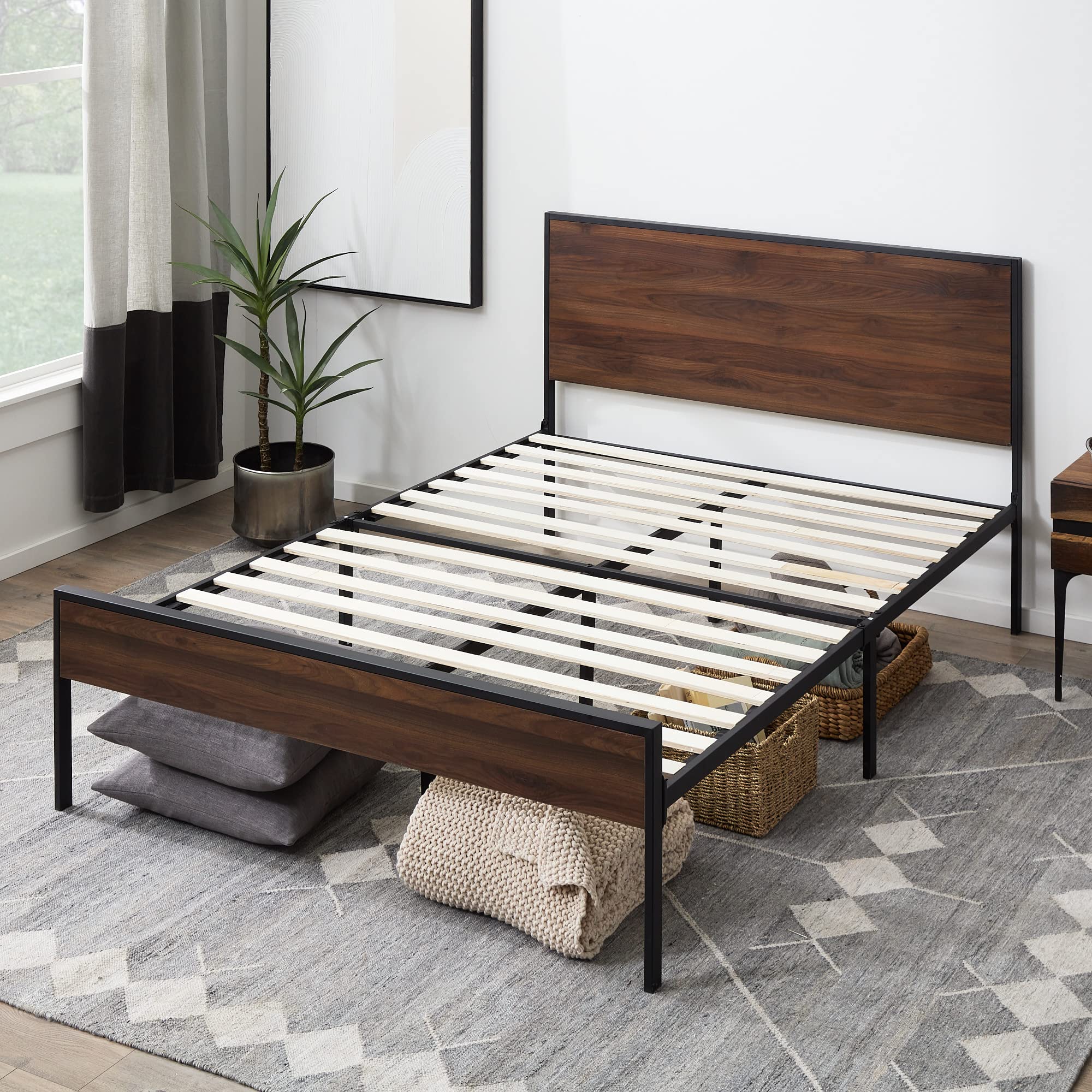 Edenbrook Queen Size Metal Platform Bed Frame with Wood Headboard & Footboard - Brown Oak Finish - No Box Spring Needed - Perfect for Modern & Farmhouse Bedrooms
