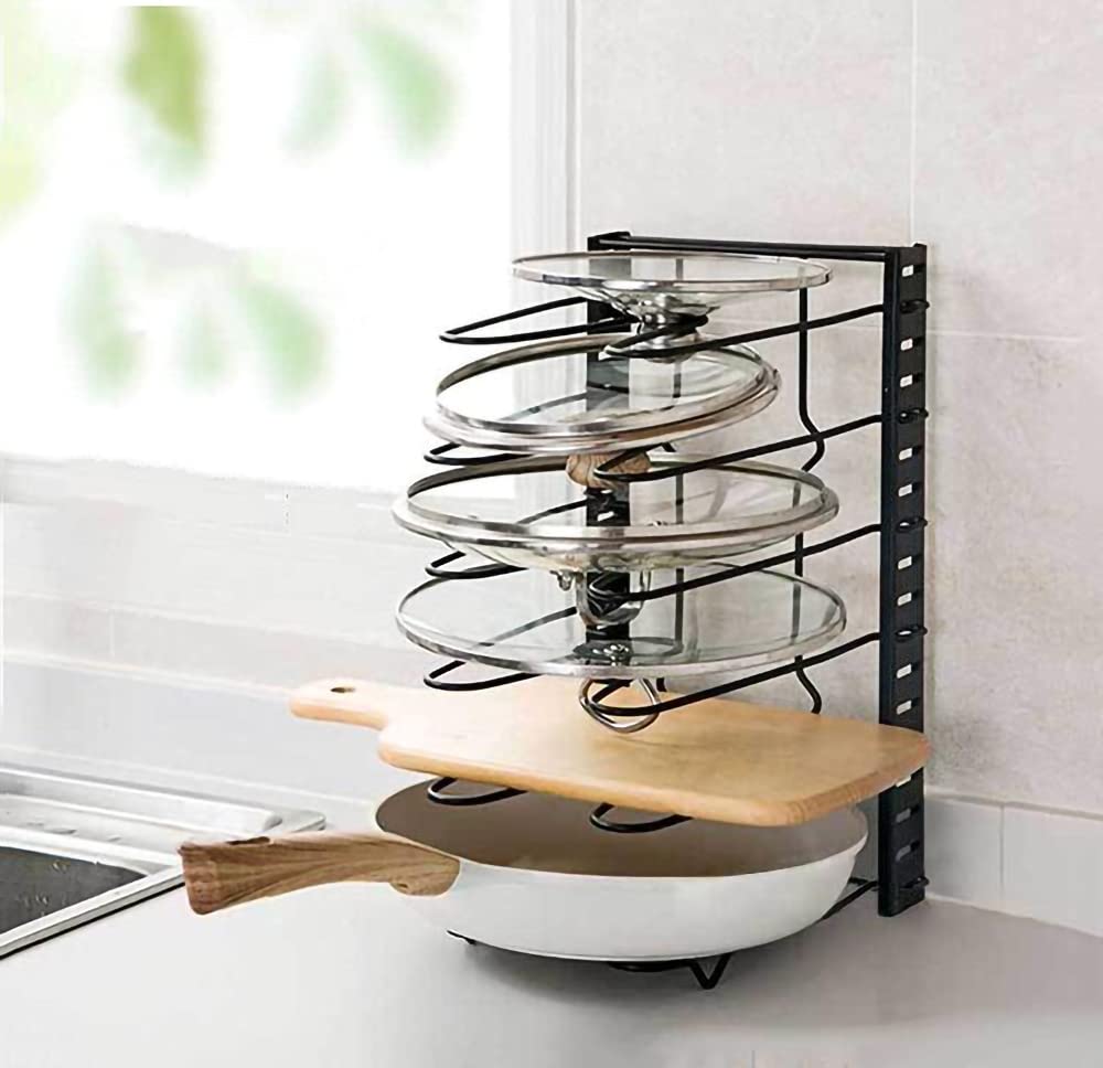 Black Retractable & Adjustable Pots and Pans Storage Rack - 5-Tier Cabinet Organizer for Kitchen Countertops, Detachable & Stackable Lid Holder - Perfect for Small Spaces & Clutter-Free Cooking