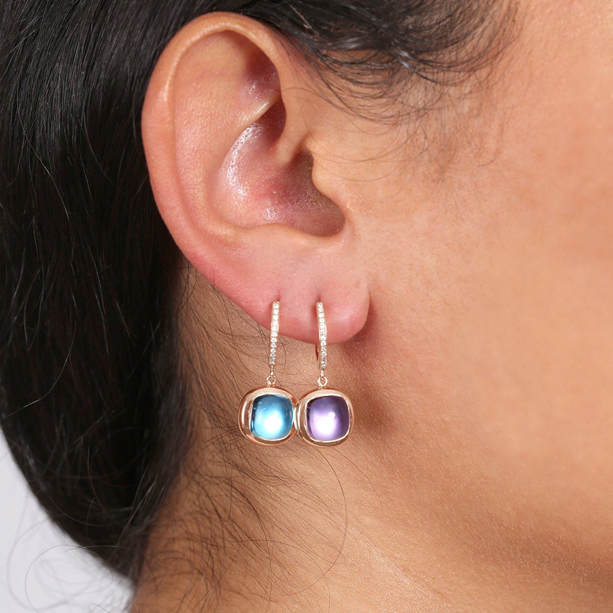 14k Rose Gold Reversible Hoop Earrings with Amethyst, Blue Topaz & Diamonds | Durable Bezel Set for Everyday Wear & Special Occasions