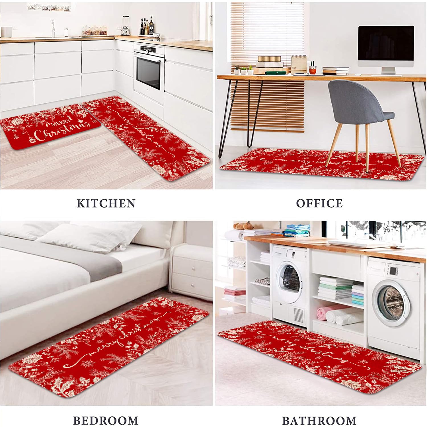 Christmas Kitchen Rugs Set of 2 - Non-Slip Holiday Floor Mats with Holly Pine Design, Red Winter Decor for Sink Area & Entryway | Perfect for Festive Home Decor, Kitchen Safety & Welcoming Guests