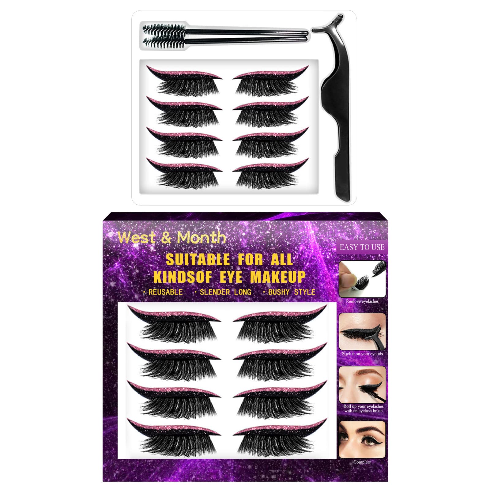 Natural-Looking False Eyelashes & Eyeliner Stickers 2-in-1 Set - 4 Pairs Reusable Eyelash Extensions for Everyday Glam & Special Occasions | Perfect for Parties, Weddings, Date Nights & Photo Shoots