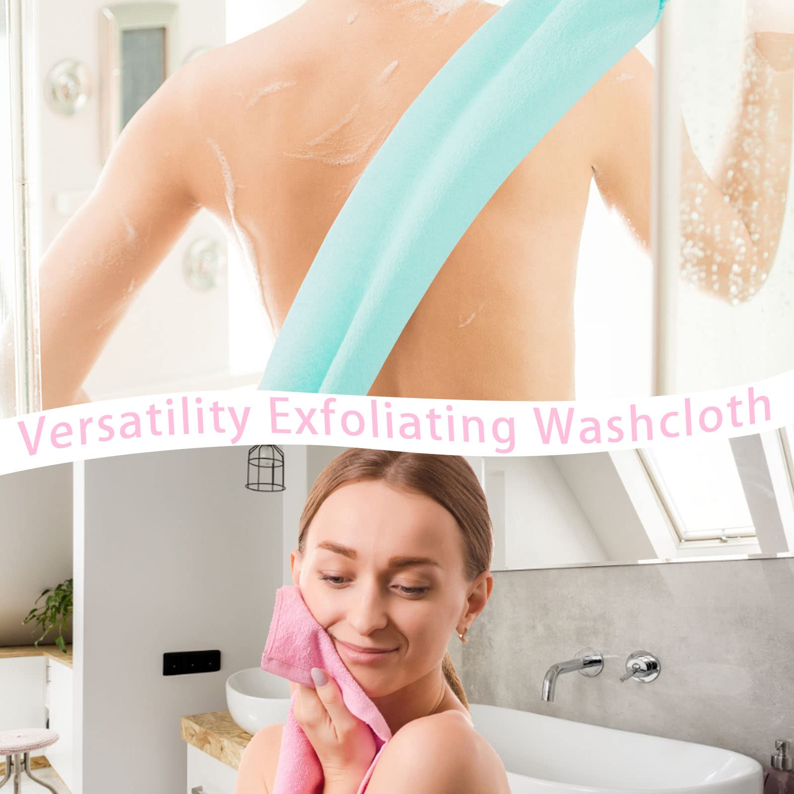 4-Piece Exfoliating Back Scrubber Set with Handles - Extra Long Nylon Body Scrubber, Stretchable Washcloth with Pull Strap for Deep Cleansing & Skin Massage - Perfect Shower Scrub for Women & Men - Ideal for Hard-to-Reach Areas & Spa-Like Experience at Home