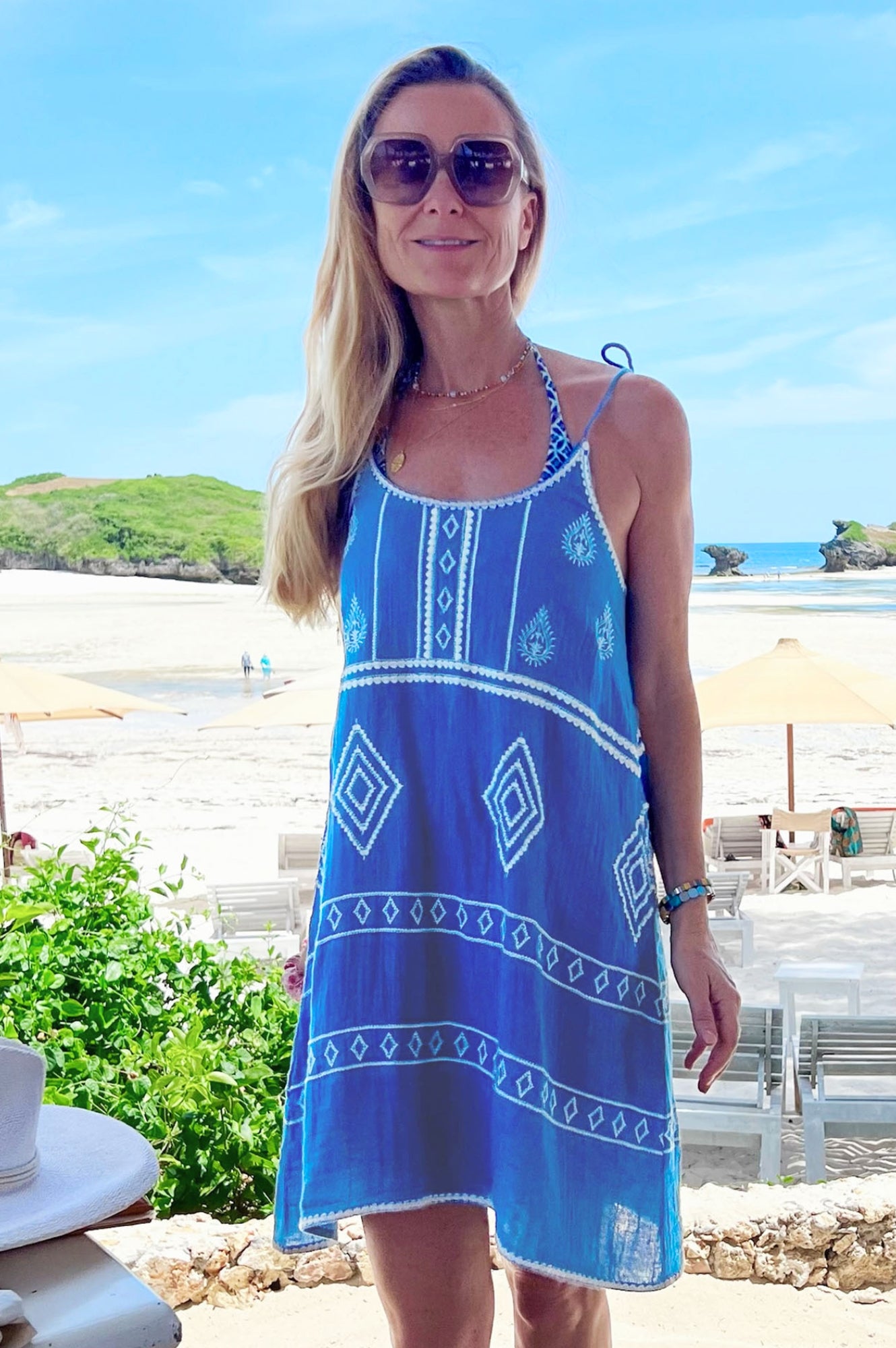 Imogen Dress - Cobalt & White Floral Print Summer Maxi Dress for Women | Beach Wedding, Vacation, Party Wear