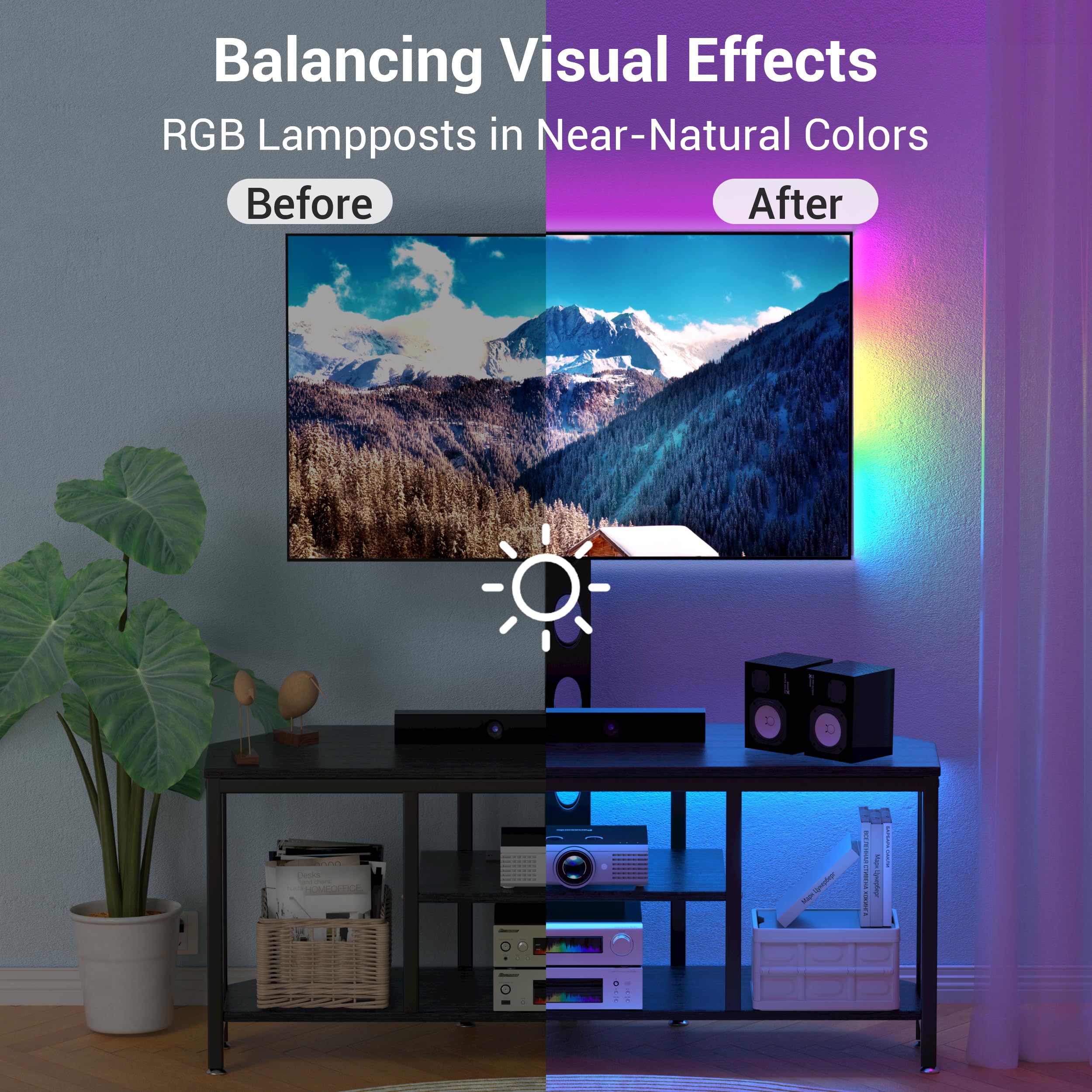 Universal Corner TV Stand with Mount for 32-65 Inch TVs - Adjustable Height Swivel TV Console with LED Lights, Wood & Steel Entertainment Center with Built-in Power Outlet & Storage Cabinet - Perfect for Living Room, Bedroom or Home Theater Setup (Black)