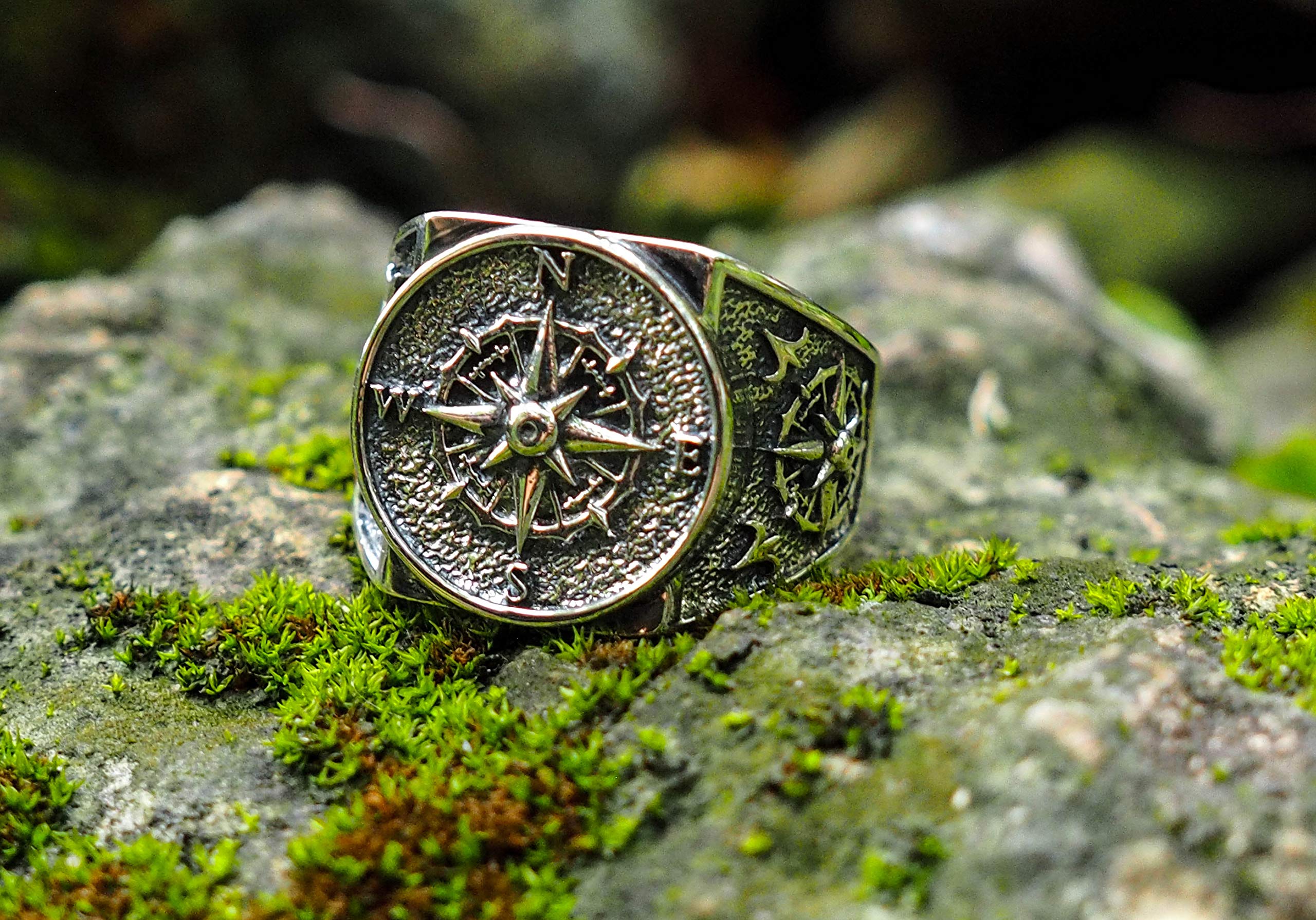 Compass Ring for Travel - 925 Sterling Silver Adjustable Sizing (6-15) - Perfect for Hiking, Camping & Outdoor Adventures