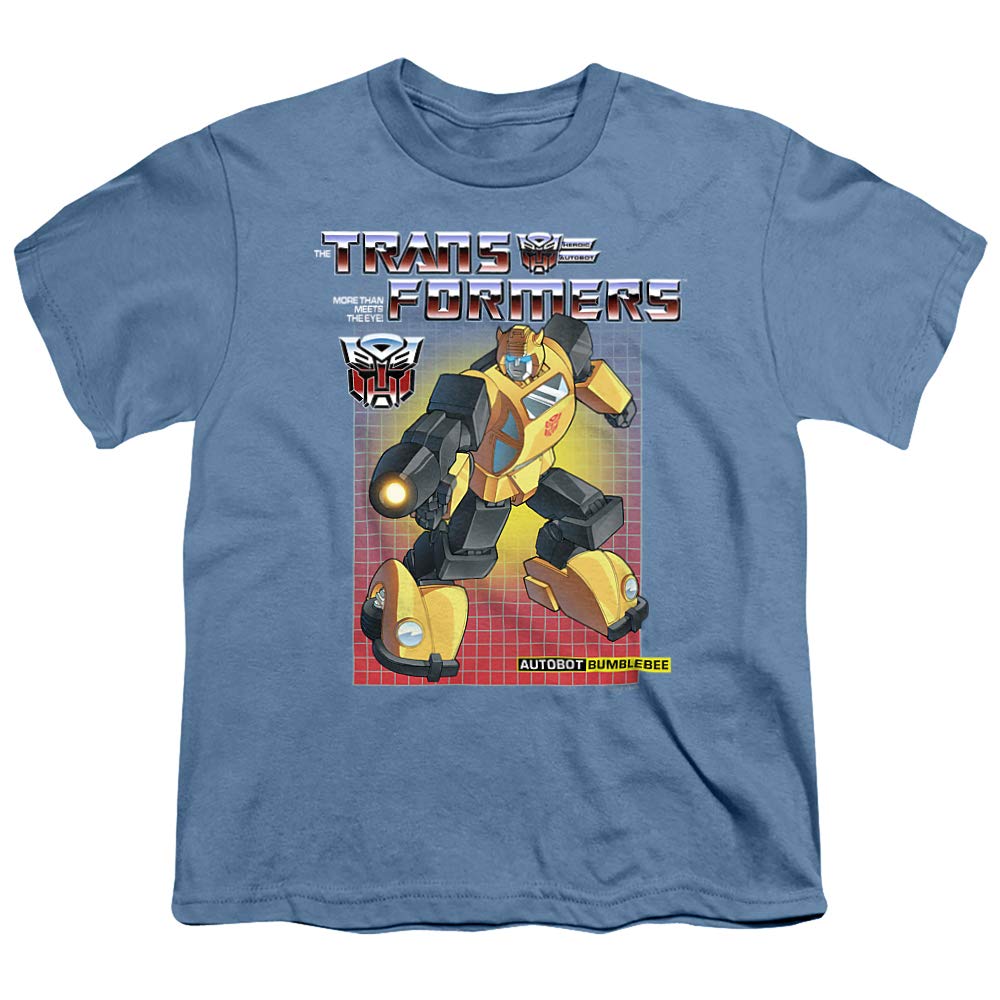 PopFunk Classic Transformers Bumblebee Graphic T-Shirt for Kids 7+ Years - Unisex Short Sleeve Tee with Stickers (Medium, Carolina Blue) - Perfect for School, Playdates & Superhero Costumes