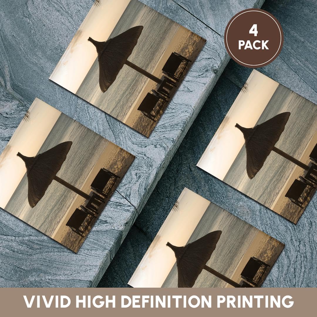 Peter Skinner Mauritius Beach Scene Ceramic Tile Coasters - Set of 4 with Umbrella, Chairs & Palm Fronds Design - Perfect for Home Decor, Coffee Table Protection & Gift Giving
