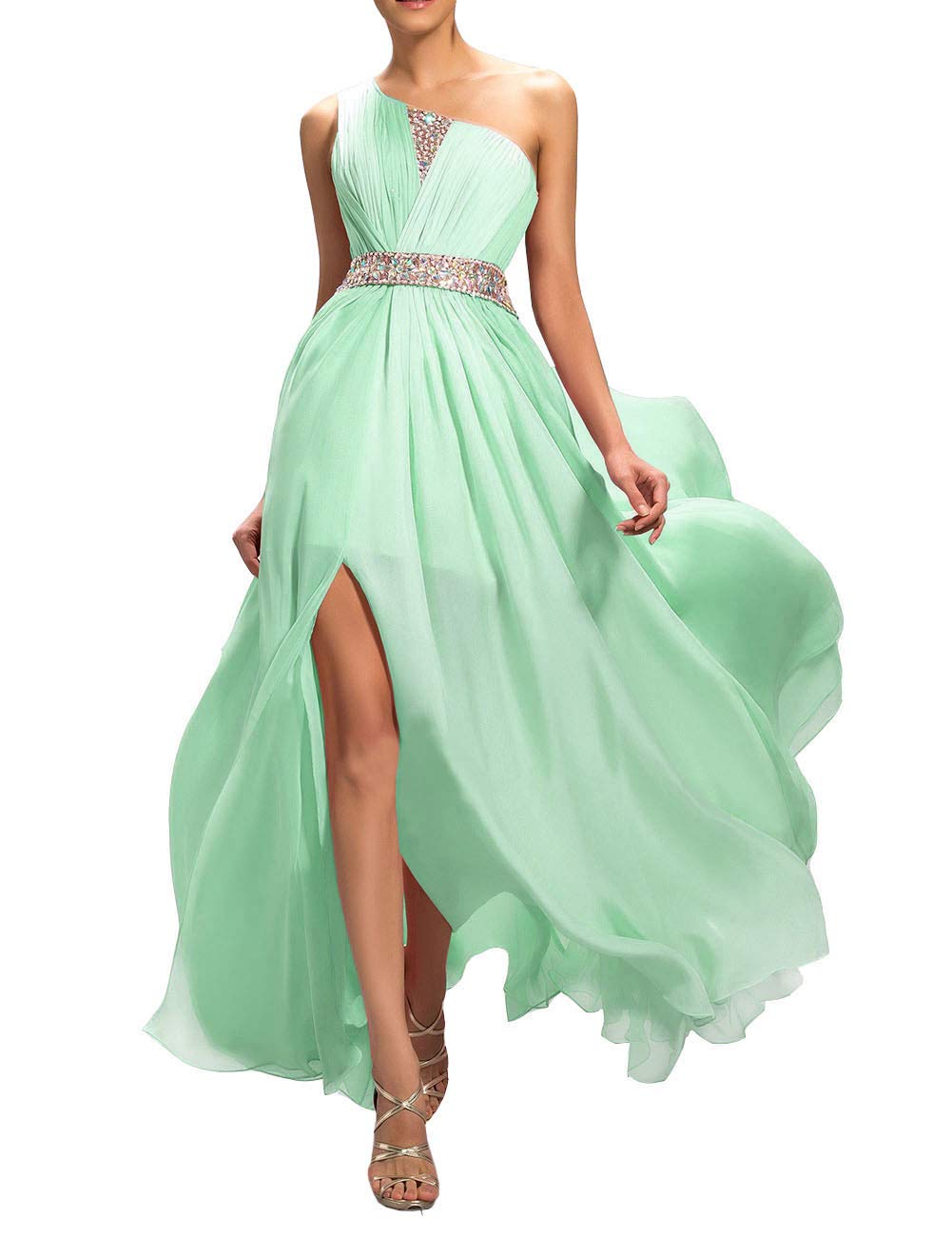 Elegant One Shoulder Beaded Prom Dress for Women - Long Formal Evening Gown with High Slit - Perfect for Homecoming, Prom Night, and Black Tie Events
