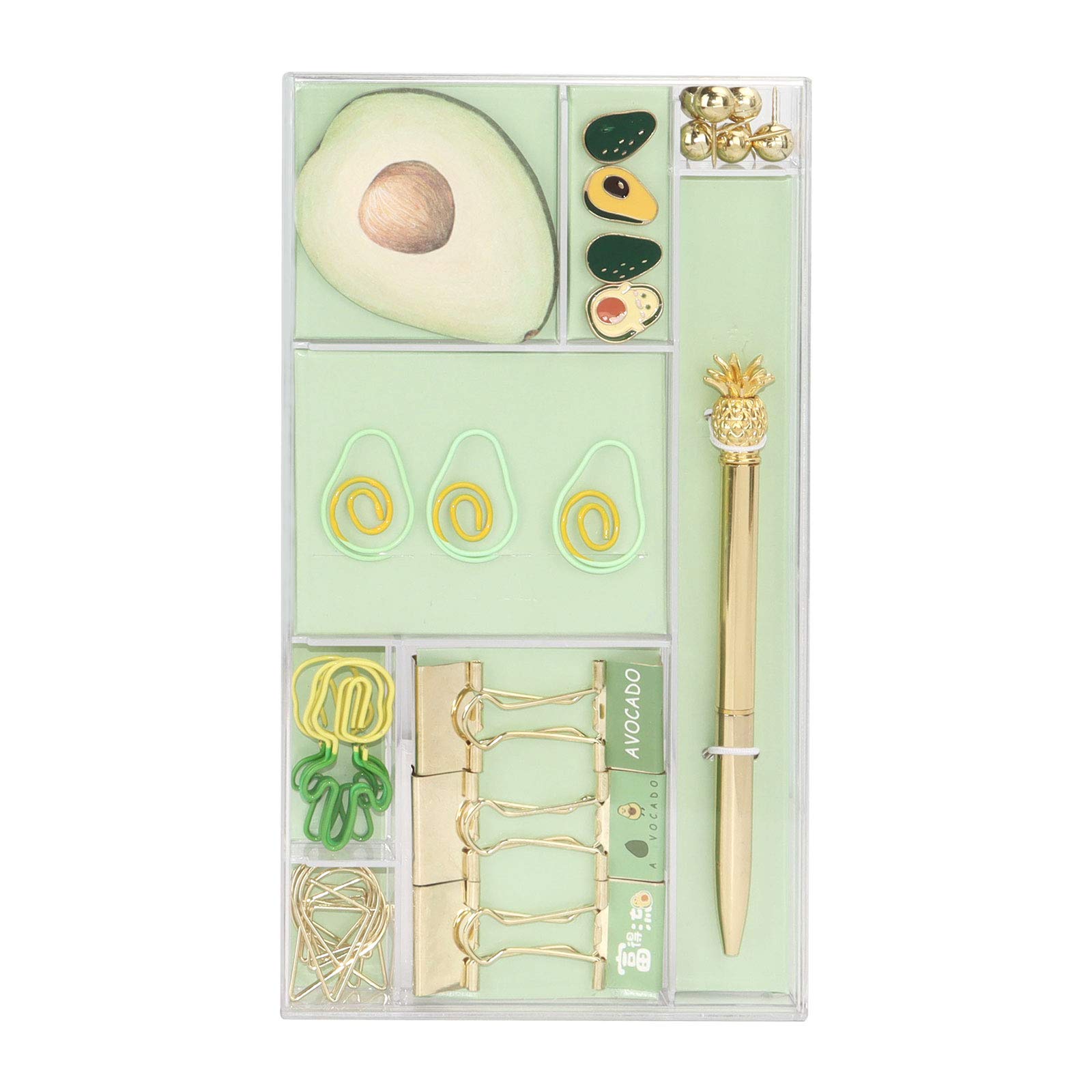 Cute Avocado Office Supplies Set - 33 Pcs Gold & Green Stationery Kit with Paper Clips, Binder Clips, Push Pins, Sticky Notes & Ballpoint Pen for Home, School & Office Organization