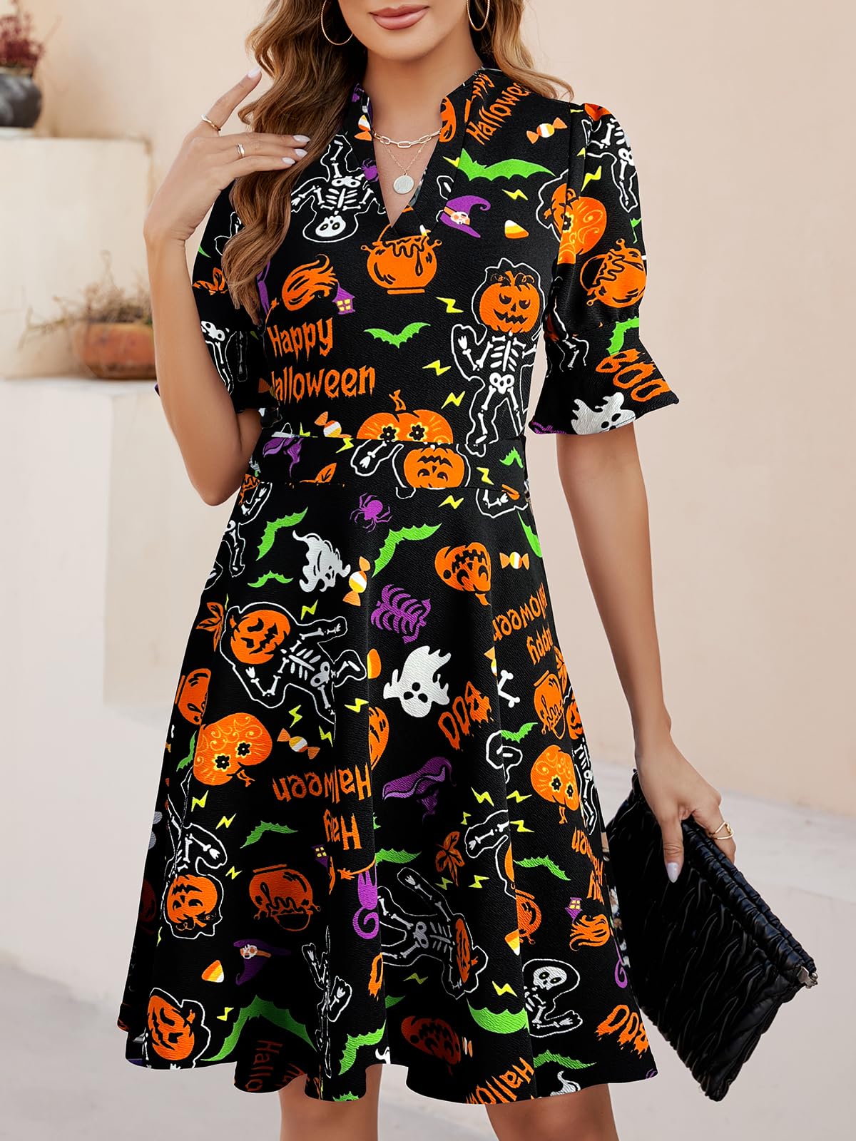 Mokayee Women's Summer V-Neck Ruffle Short Sleeve Fit and Flare Knee-Length Dress with Pockets - Perfect for Church, Wedding Guest, Party & Casual Wear