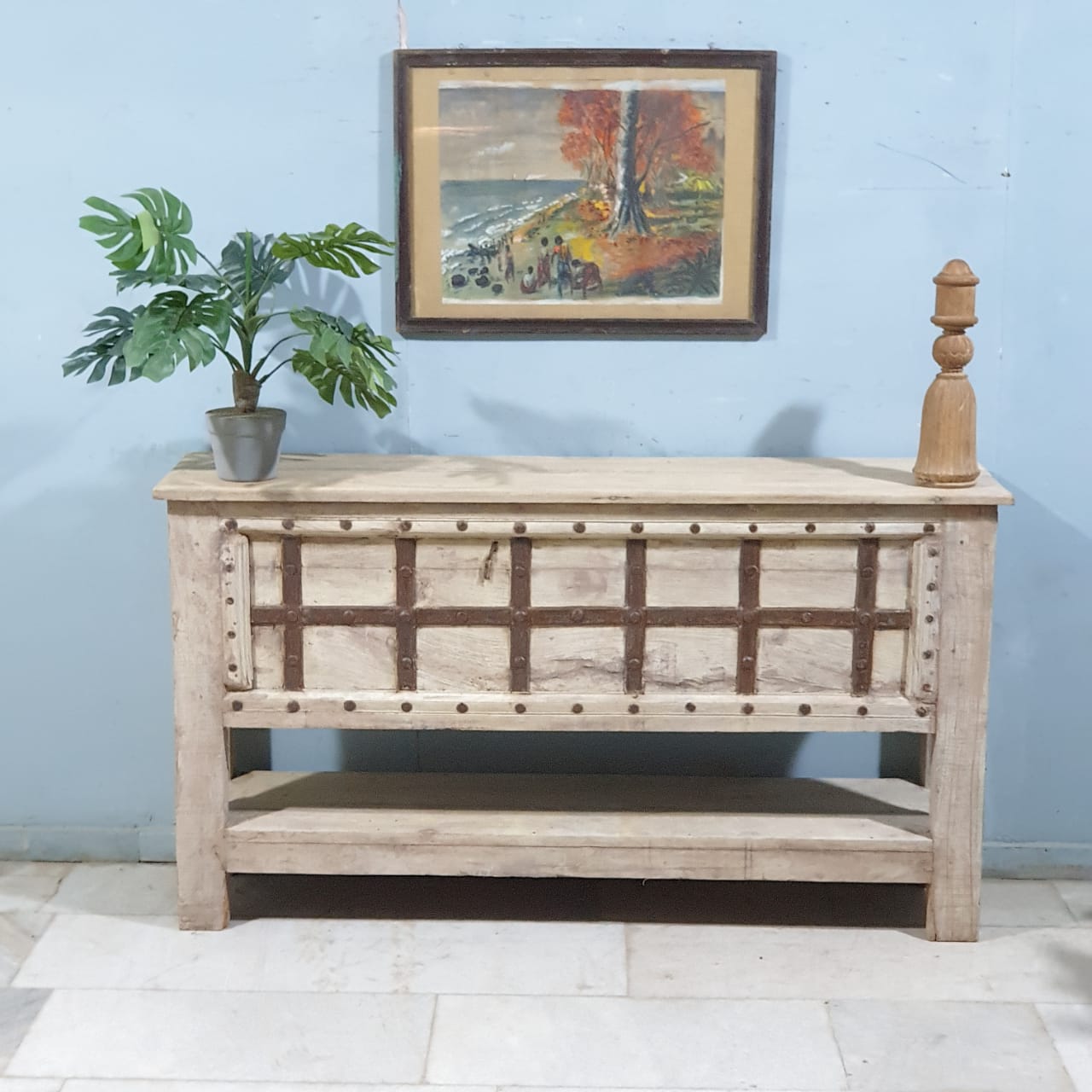 Handmade Carved Solid Hardwood Console Table with Iron Fittings - 64.5