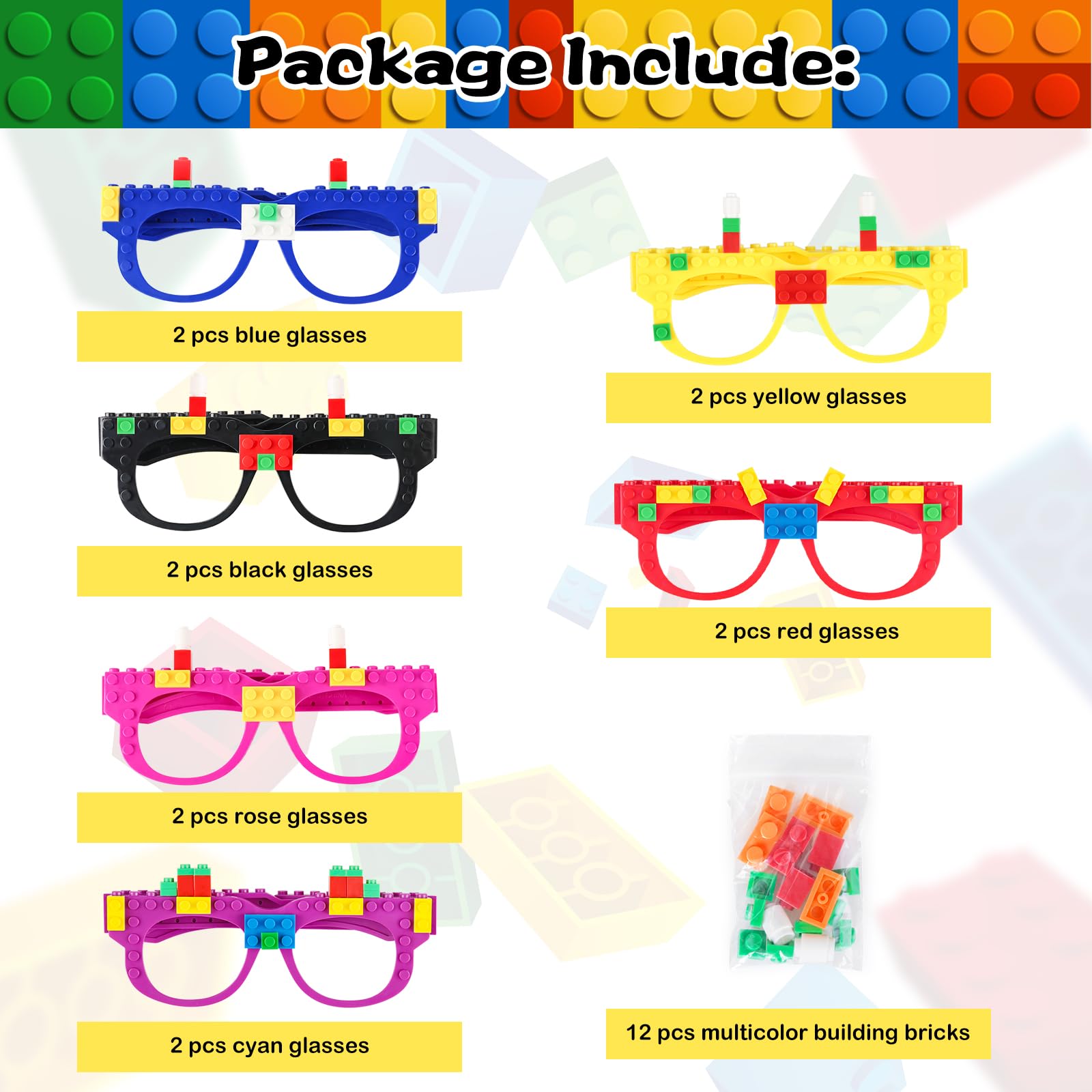 12 Pcs Building Bricks Glasses - Creative Construction Toy for Kids, STEM Learning Blocks for Boys & Girls - Perfect for Birthday Parties, Carnival Games & Classroom Activities