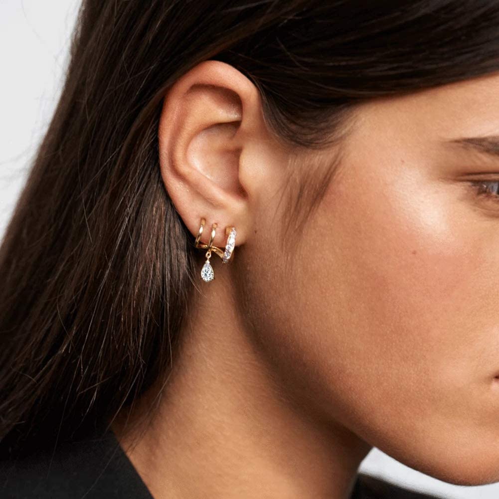14K Gold Plated Triple Huggie Illusion Stud Earrings - Double Huggie Hoop Earrings for One Hole - Women's Gold Hoop Earrings - Drop Earrings for Everyday Wear & Special Occasions