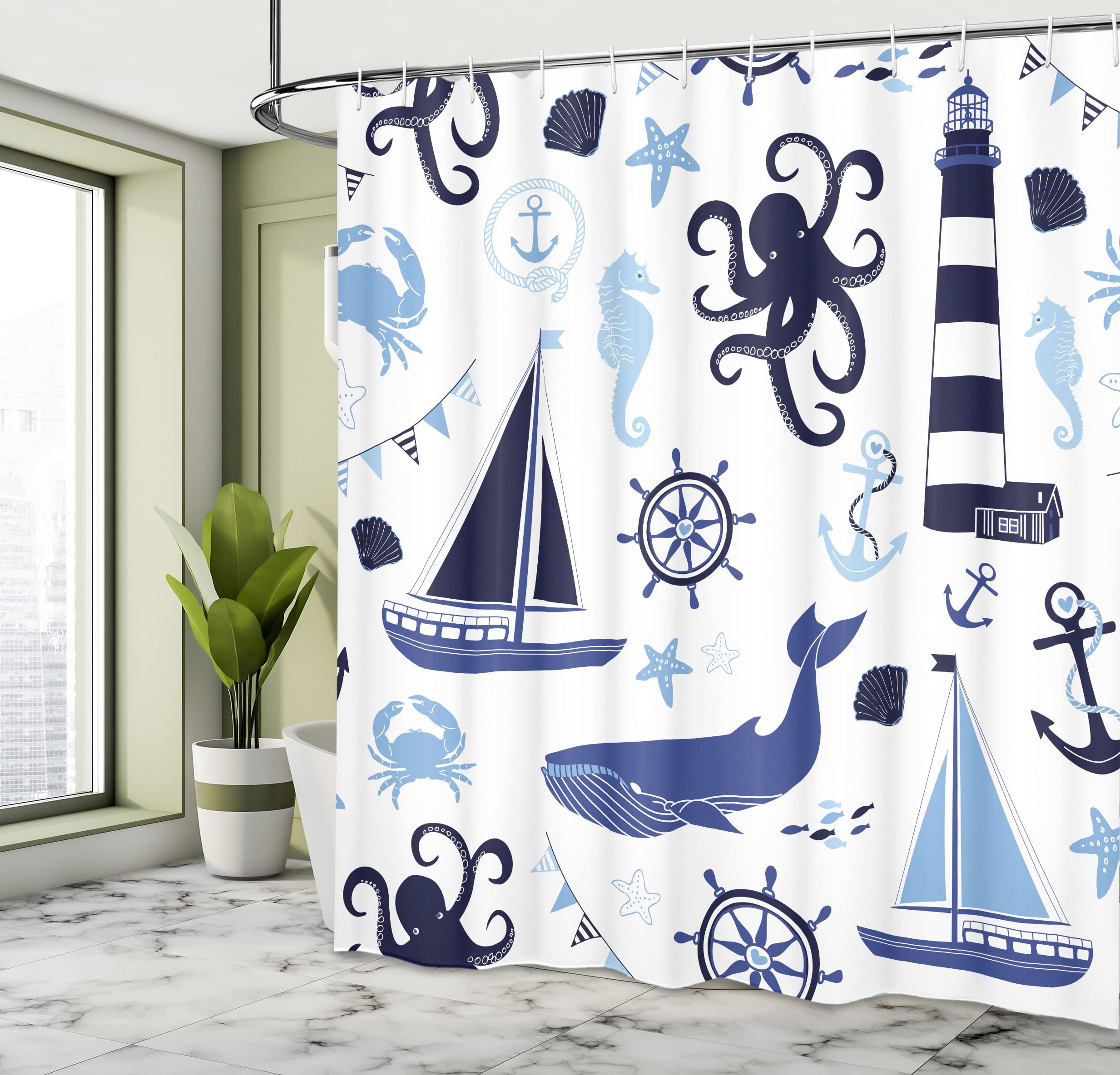 Ambesonne Nautical Shower Curtain - Pastel Blue Lighthouse Sailboat Fish Shells Octopus Design, Waterproof Fabric Bathroom Decor Set with Hooks, 69