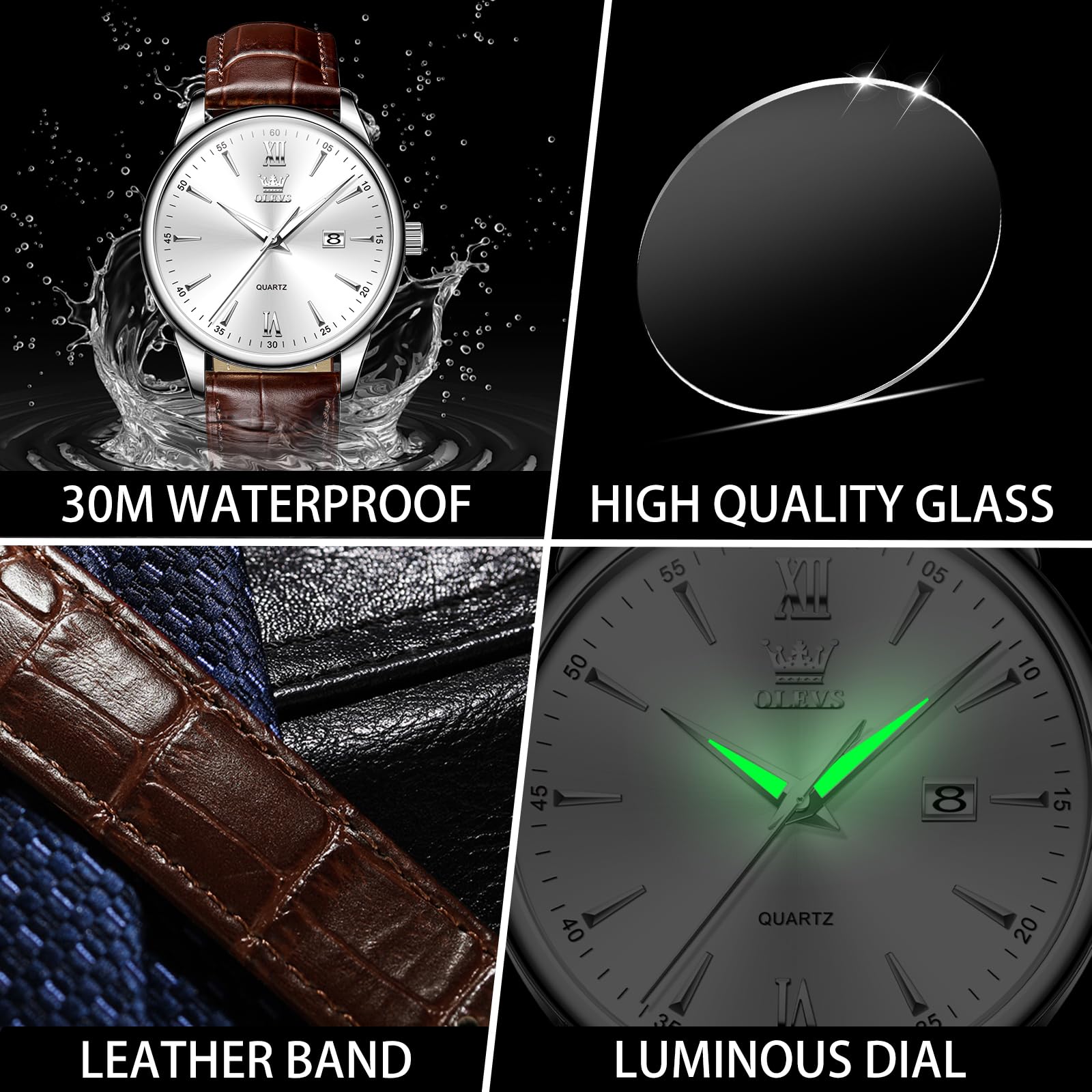 Premium OLEVS Men's Leather Watch - Big Face Classic Chronograph with Day Date Display | Waterproof Wristwatch for Business & Casual Wear | Durable Genuine Leather Band | Ideal Gift for Father's Day & Formal Events