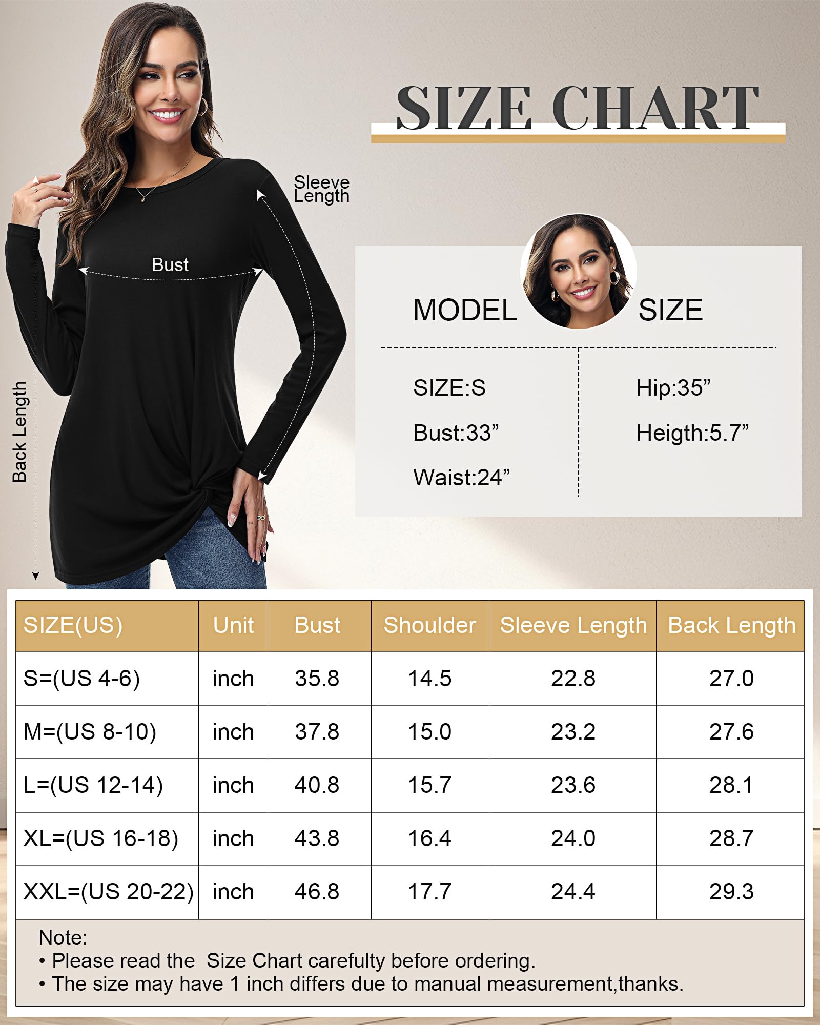 2 Pack Women's Long Sleeve Casual Tops - Twist Knot Tunic Blouses with Loose Fit for Layering, Work & Everyday Wear | Comfortable Tee Shirts for Fall & Winter Fashion