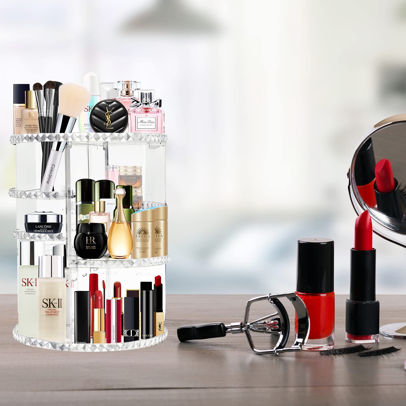 360° Rotating Makeup Organizer - Adjustable Perfume & Cream Storage for Vanity