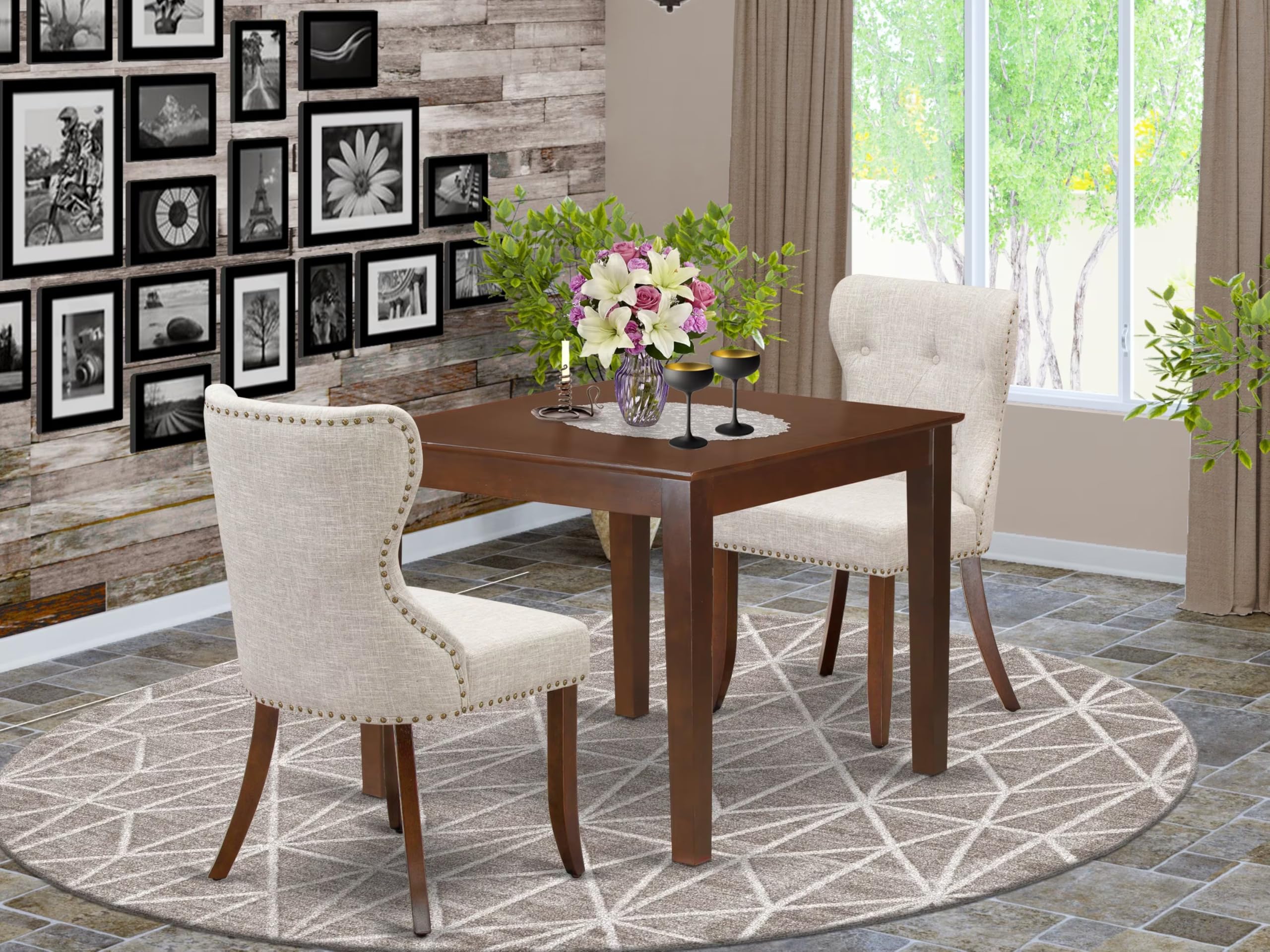 East West Furniture OXSI3-MAH-35 3-Piece Mahogany Dining Set with 36x36 Inch Square Table & 2 Upholstered Chairs - Perfect for Small Spaces, Breakfast Nooks & Cozy Apartments