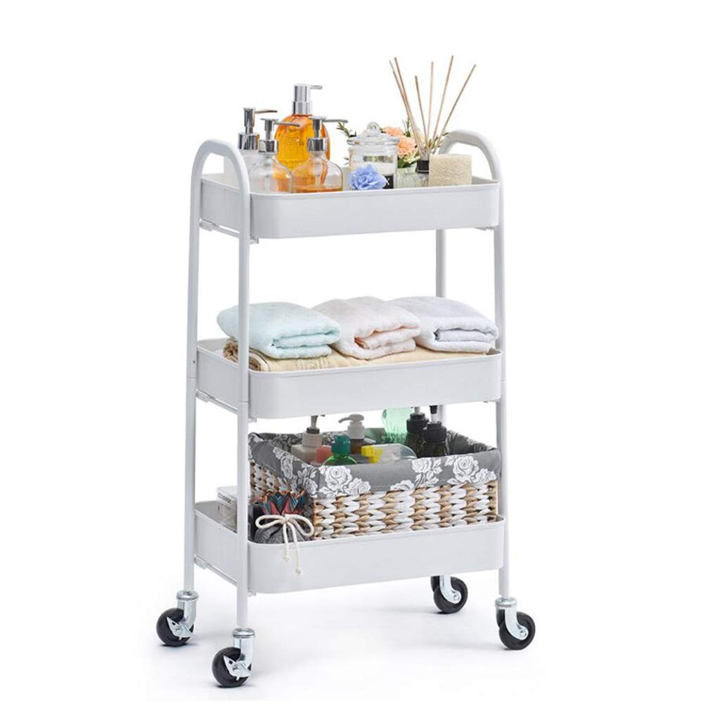 3-Tier Rolling Storage Cart - White Carbon Steel Utility Shelf for Salon, Kitchen, Bathroom & Bedroom (18.5