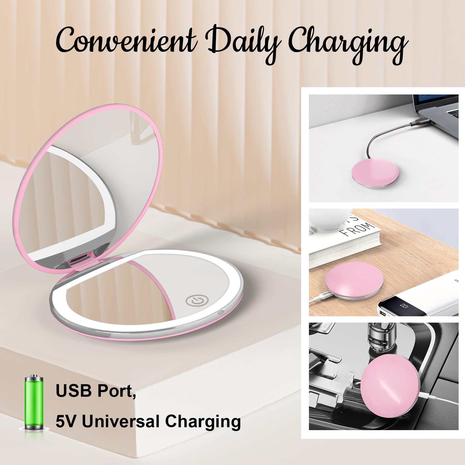 LED Compact Mirror with Light - 1X/3X Magnification, USB Rechargeable Pocket Mirror for Makeup, Travel, Purse & Gifts (Pink) | Perfect for Touch-Ups On-The-Go, Home Vanity & Travel Essentials