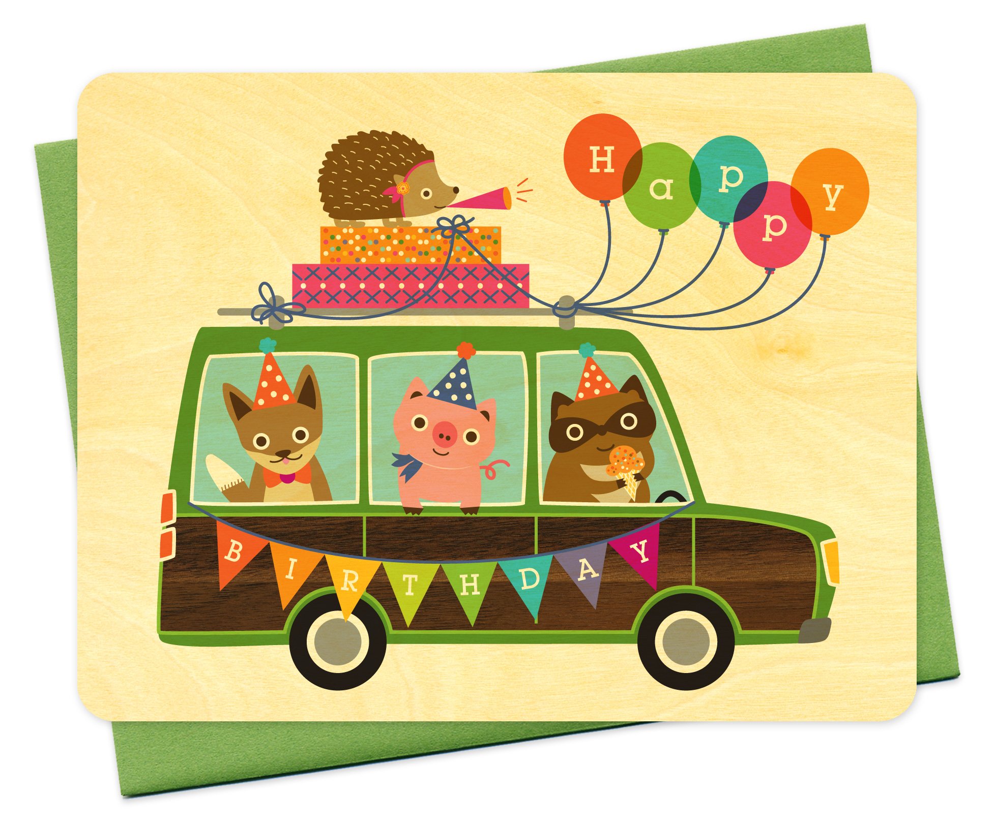Night Owl Paper Goods Party Wagon Wood Birthday Card - Handmade Wooden Greeting Card for Birthdays, Anniversaries & Special Occasions - Perfect Gift for Friends & Family