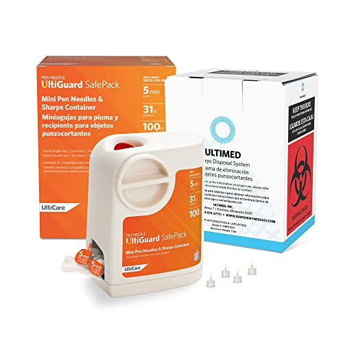 UltiGuard 3-in-1 Safe Pack: 100 Count 5mm x 31G Mini Pen Needles with Sharps Container & Prepaid Mail-Back Kit | At-Home Insulin Injection & Safe Needle Disposal Solution | Ideal for Diabetics, Travel & Medical Waste Management