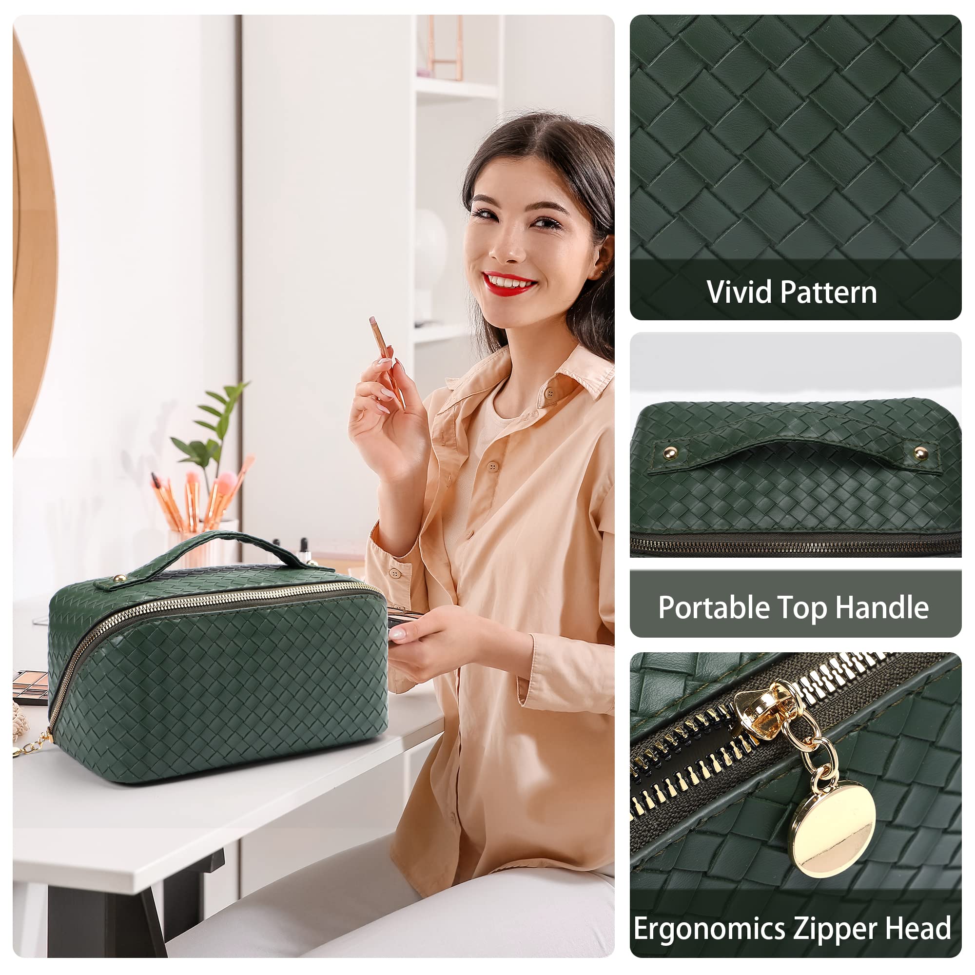 Travel Makeup Bag for Women - 2 Pack Large Leather Cosmetic Organizer Pouch with Wide Opening for Toiletries, Brushes & Accessories | Perfect for Vacation, Gym & Daily Use | Green