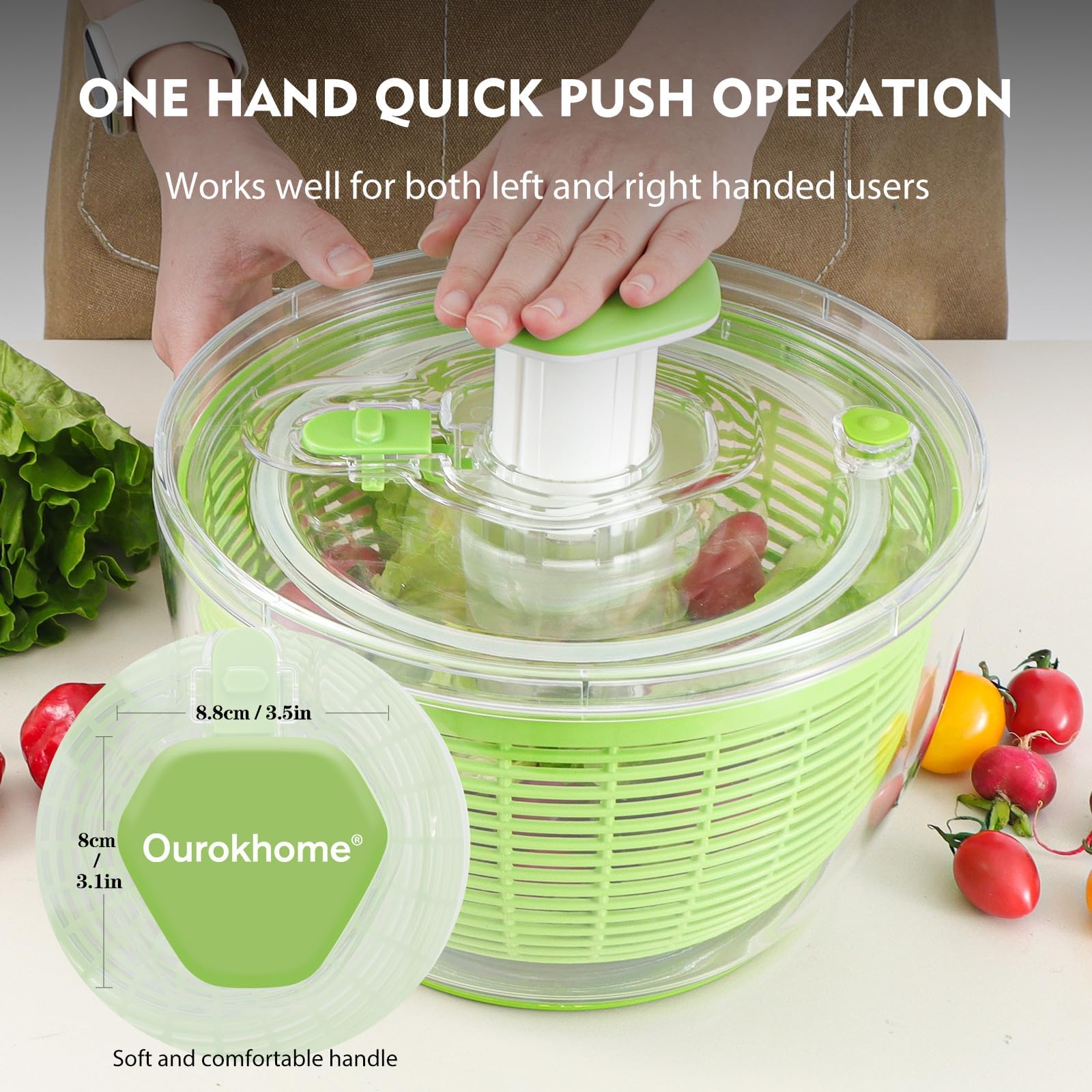 Ourokhome 6.3 QT Salad Spinner - One Handed Easy Press Lettuce Dryer with Retractable Pusher & Brake Button - Large Vegetable Dryer for Greens, Herbs, Berries, Fruits - Perfect for Kitchen, Meal Prep & Healthy Eating - Green