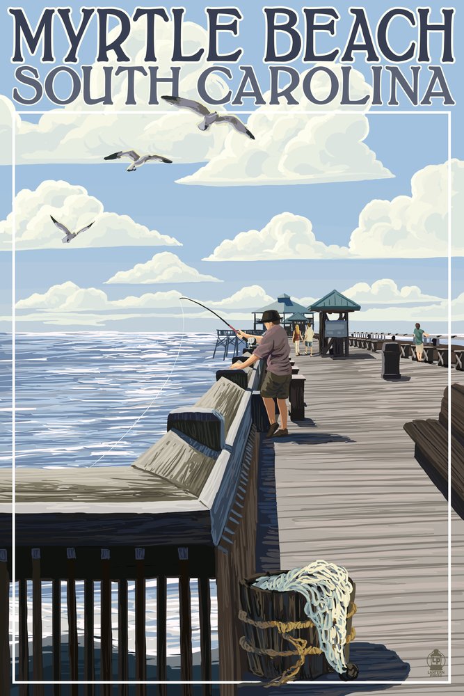 Myrtle Beach South Carolina Pier Scene - 12x18 Wall Art Poster for Coastal Home Decor, Living Room, Bedroom & Office