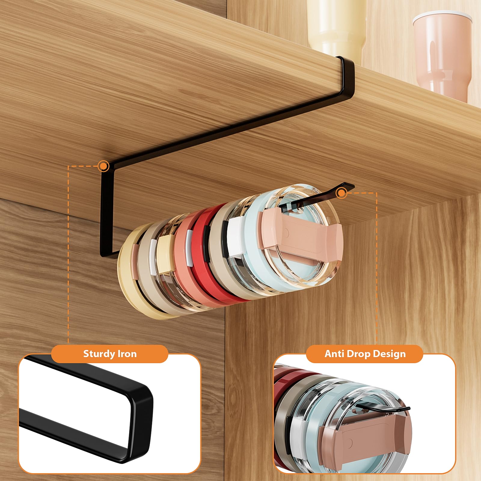 Premium Tumbler Lid Organizer - Under Cabinet Cup Lid Storage Holder, Space Saving Kitchen Organizer with Easy Installation for Drinking Tumblers (Black) - Perfect for Kitchen Cabinet, Pantry & Coffee Station Organization